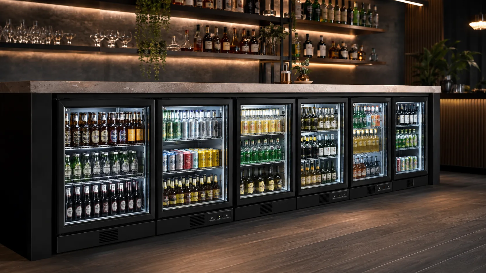 back bar refrigerator and beverage coolers installed behind a modern commercial bar