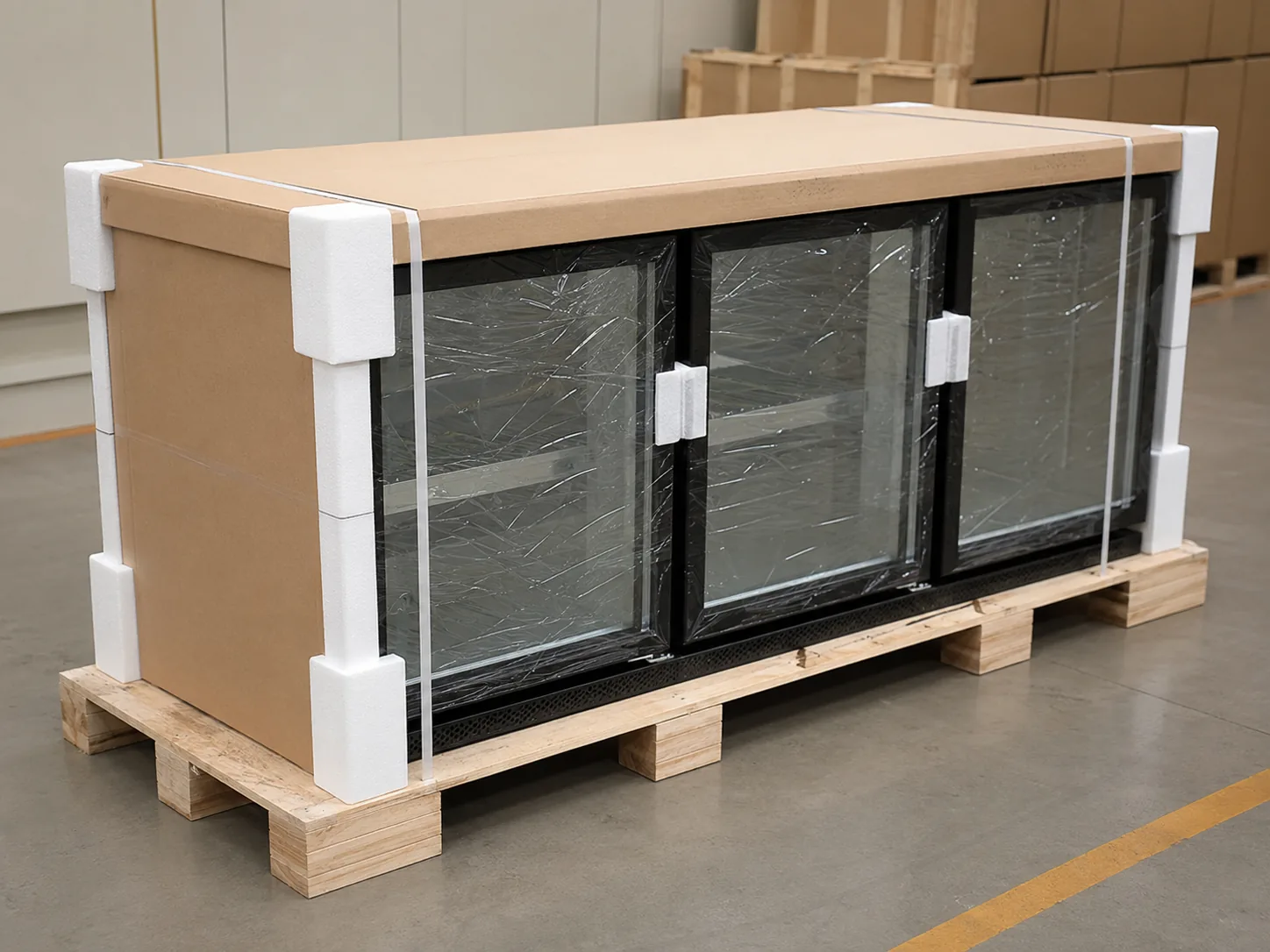 back bar refrigerator protected with foam cardboard straps and wooden pallet for export shipment