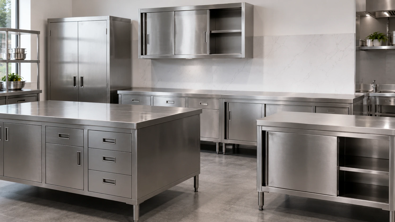 Stainless steel storage cabinets for commercial kitchens