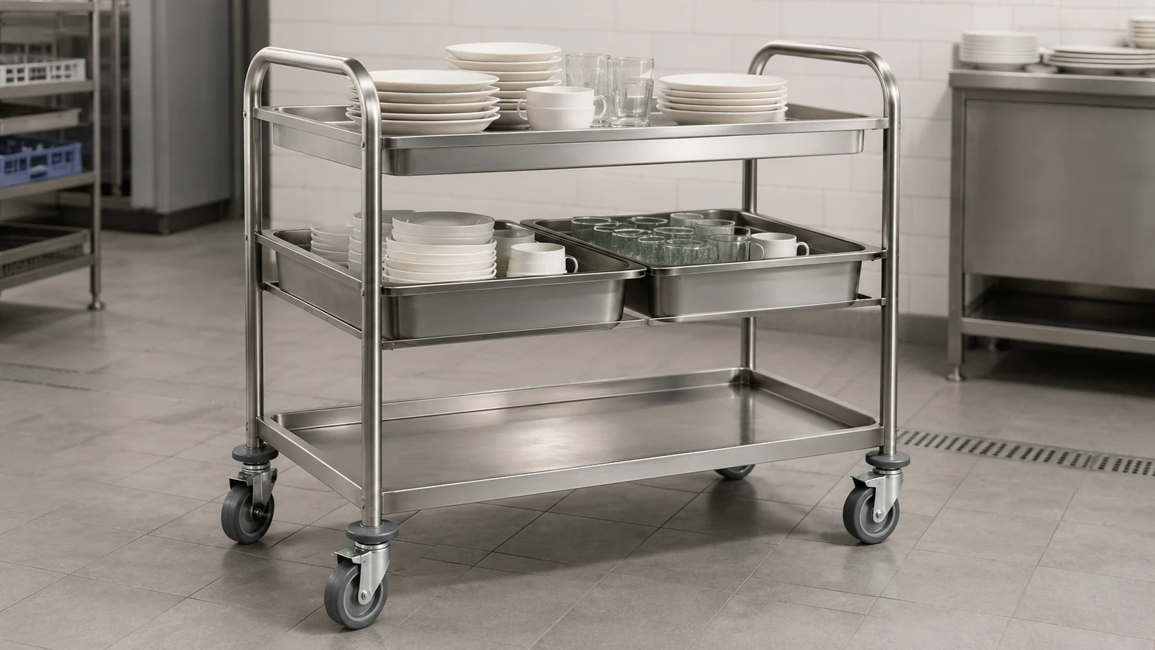 commercial stainless steel clearing trolley with dish trays
