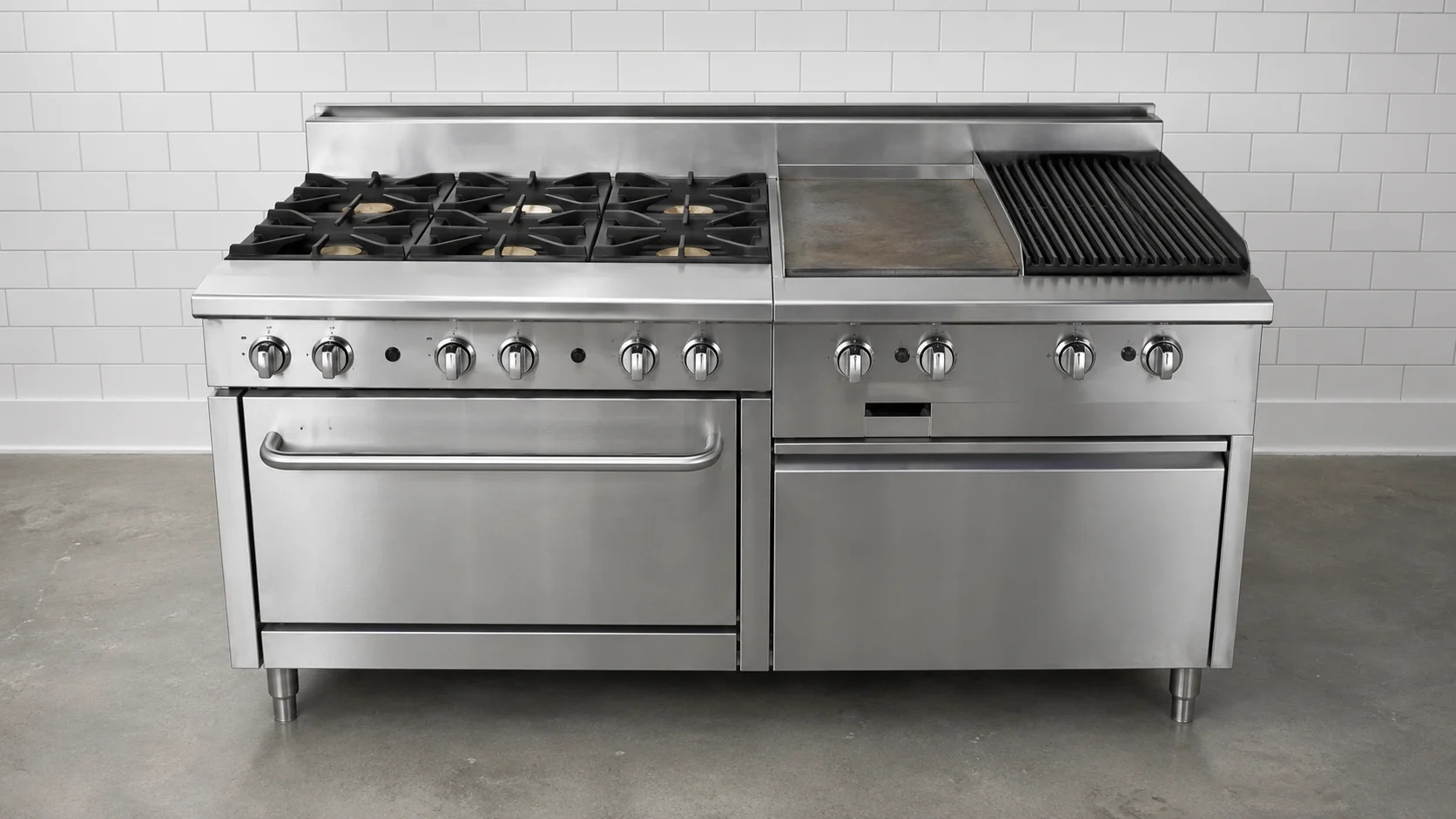 combination commercial cooking range with burners griddle and charbroiler