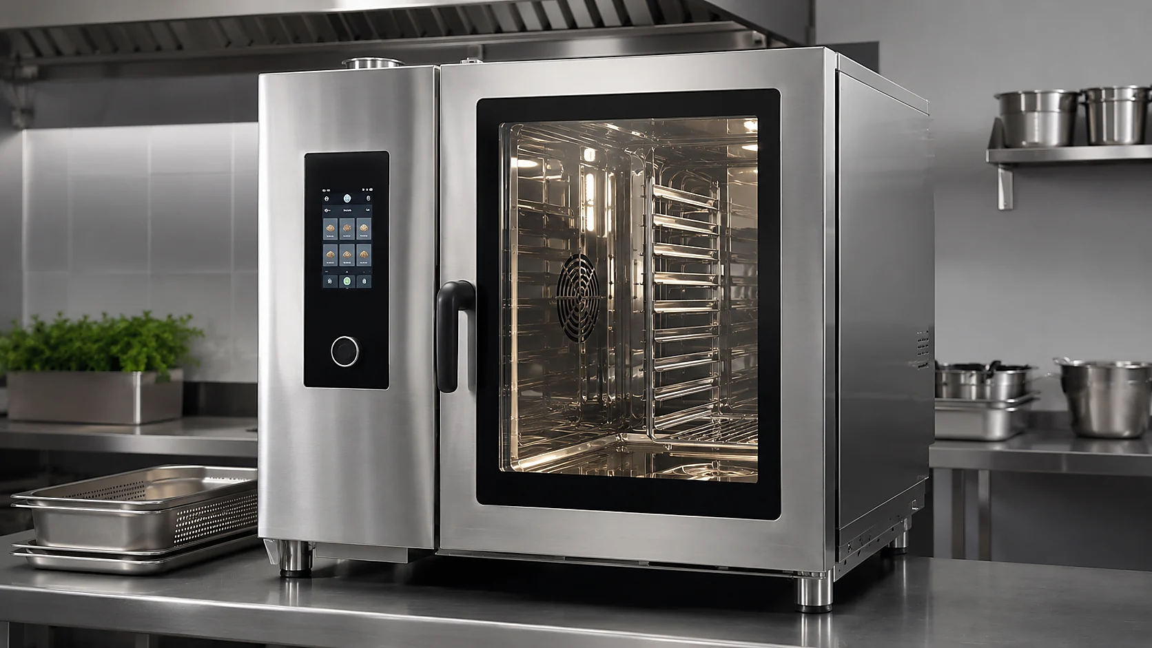 Commercial combi oven with touchscreen control and stainless steel chamber