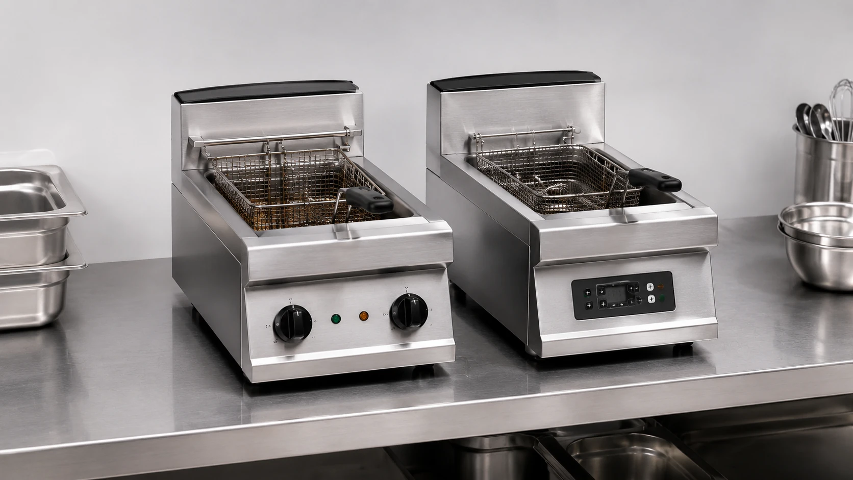 Countertop commercial fryers on stainless steel work surface