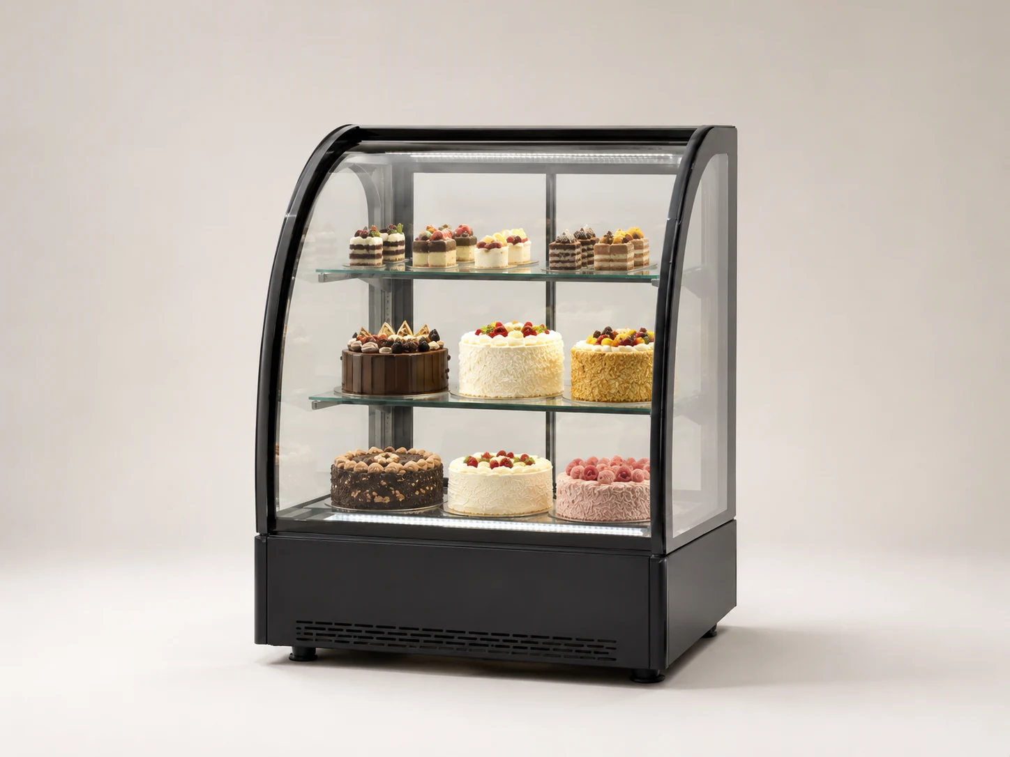 commercial curved glass cake display case