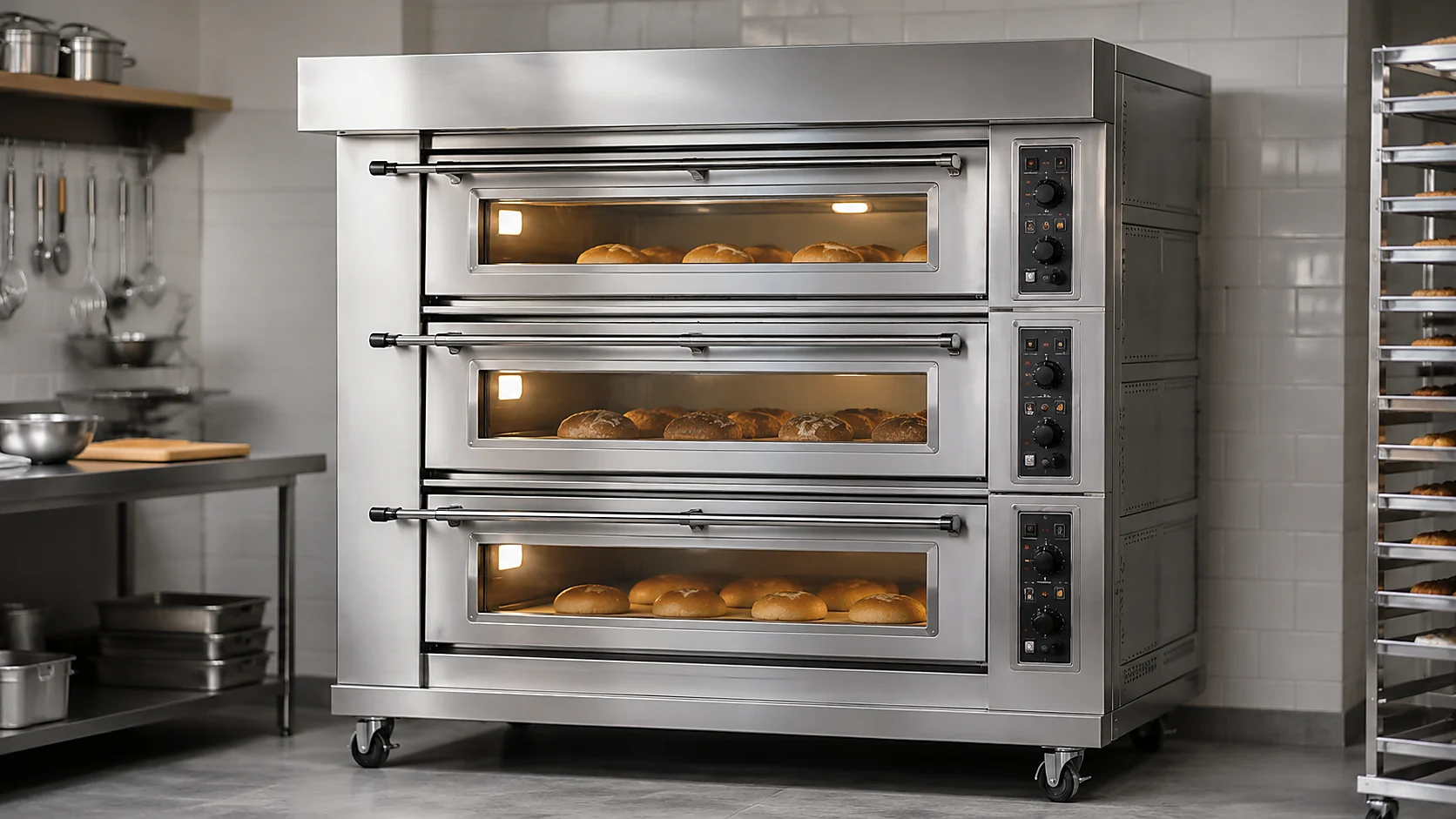 Three deck commercial deck oven for bakery production