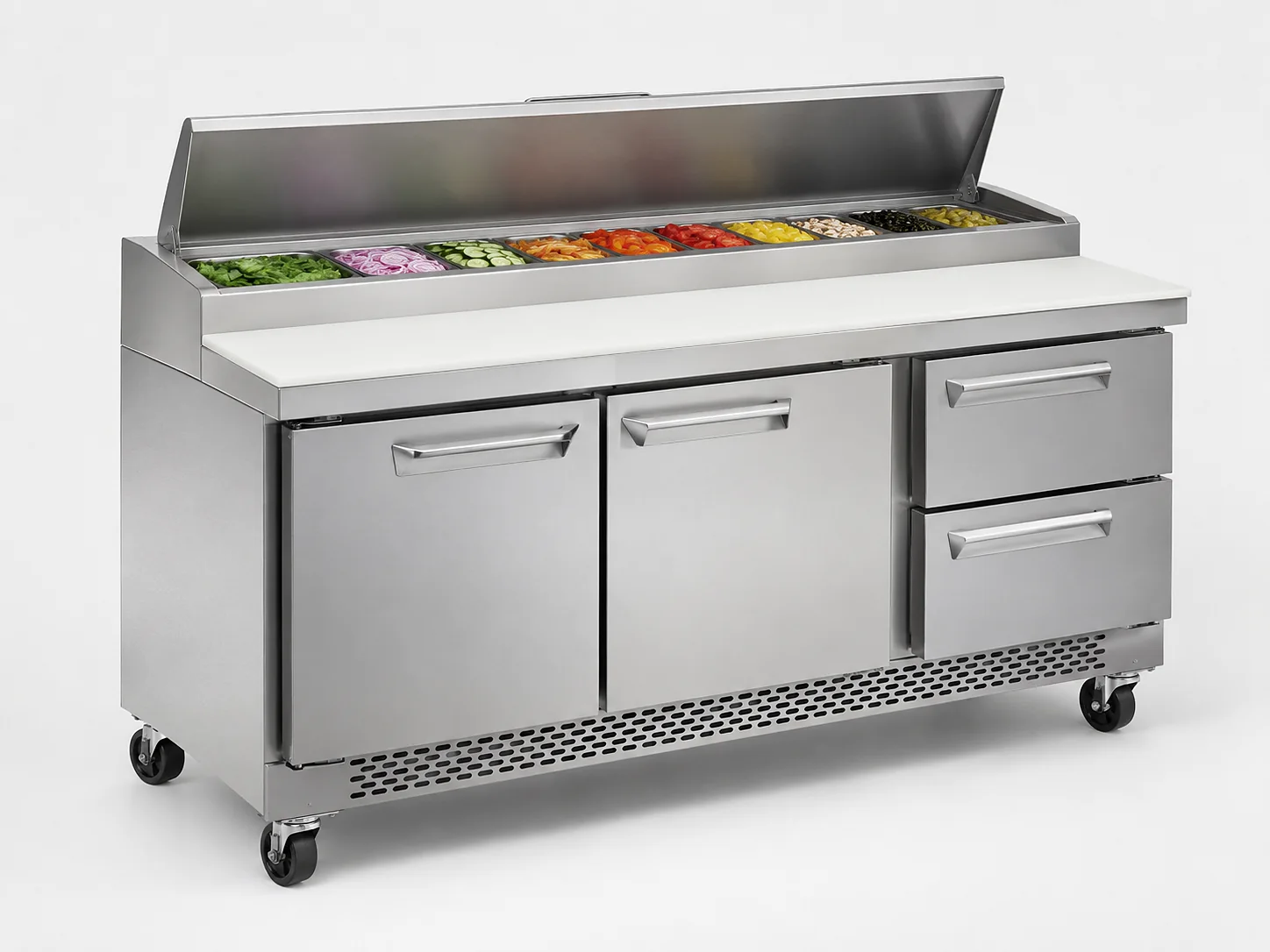 commercial door and drawer combination refrigerated prep table with mixed cold storage access