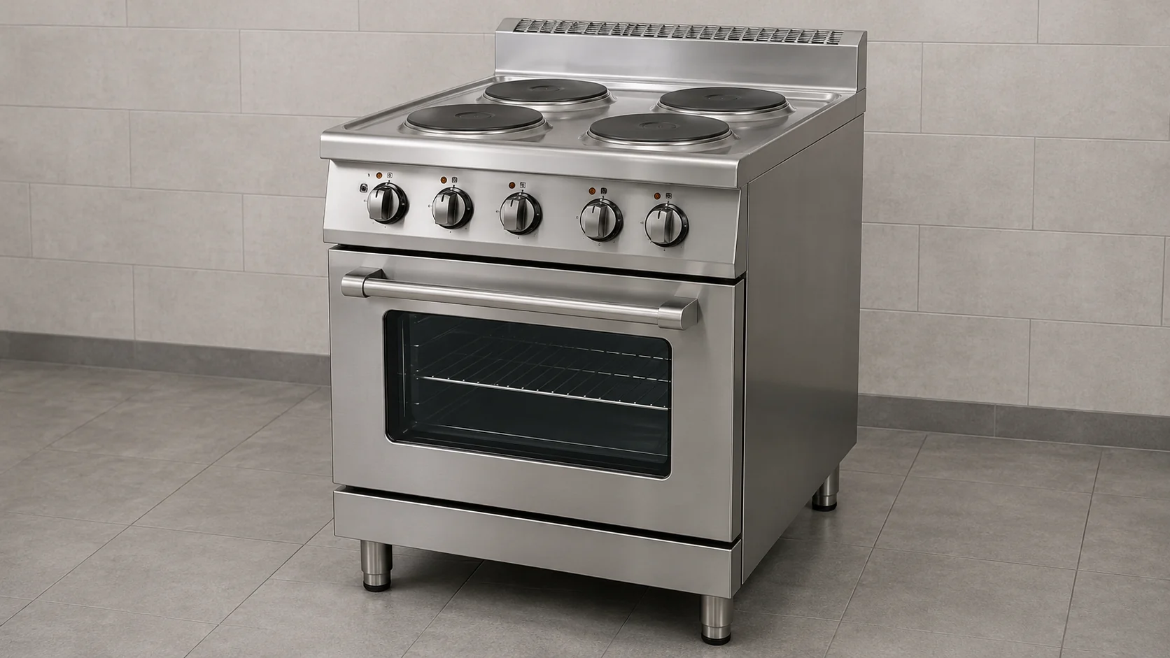 commercial electric cooking range with four hot plates and oven