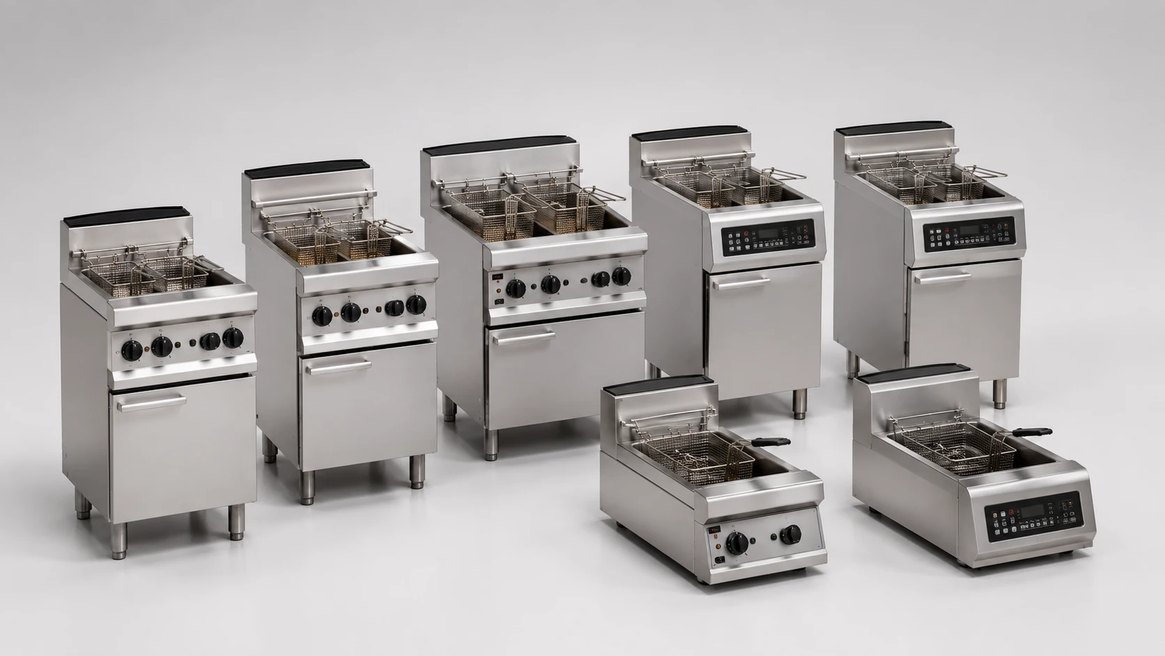 Commercial fryer product range including countertop and floor-standing models