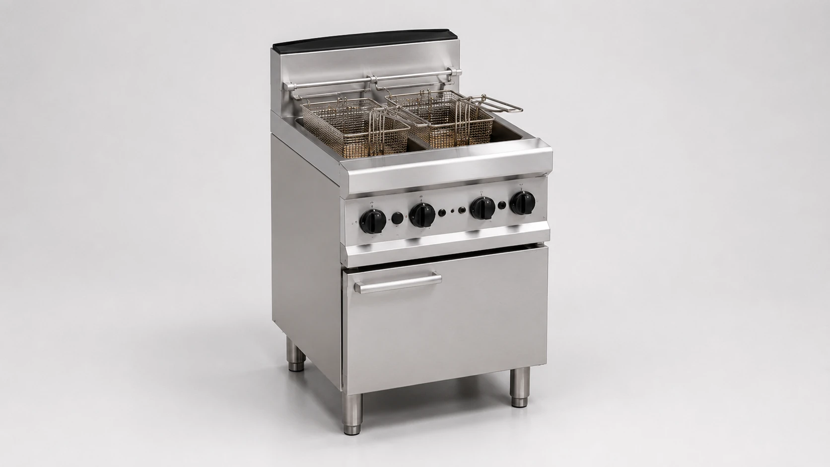 Floor-standing commercial gas fryer with twin baskets