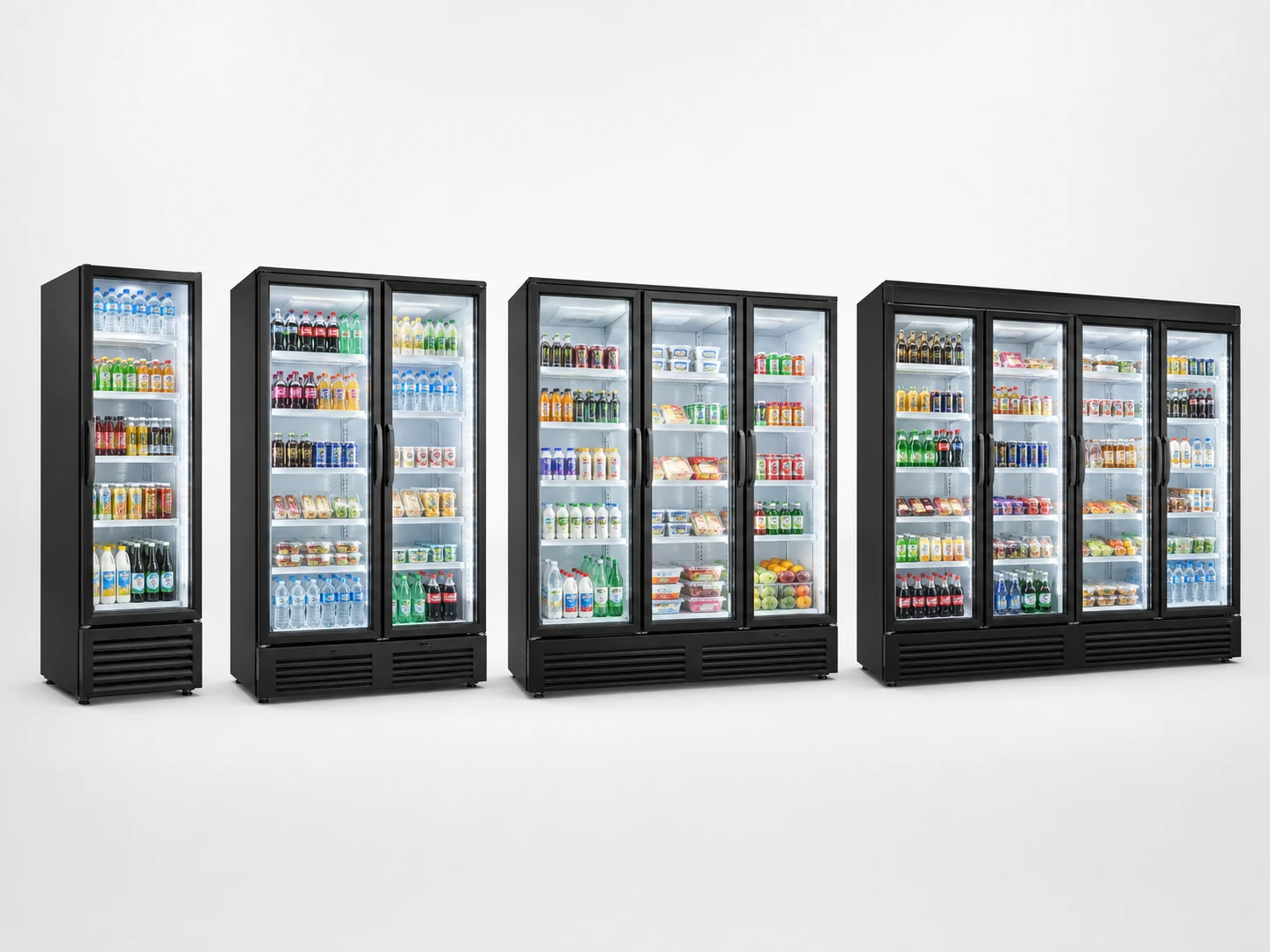 commercial glass door refrigerator product series on a uniform studio background