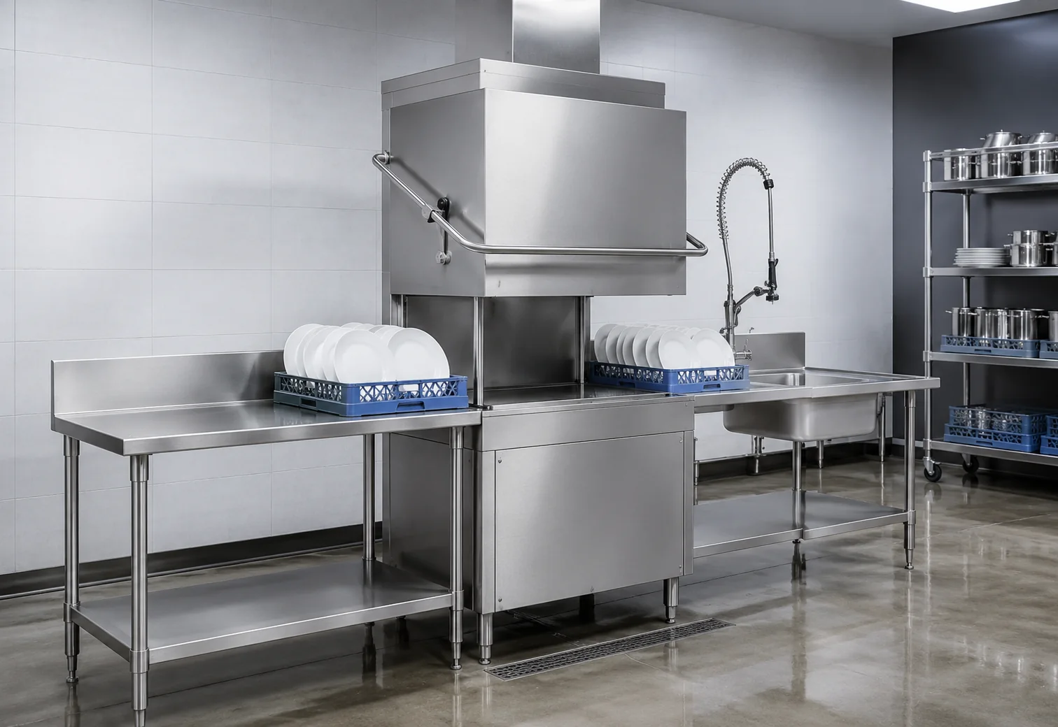 commercial hood type dishwasher with inlet and outlet tables
