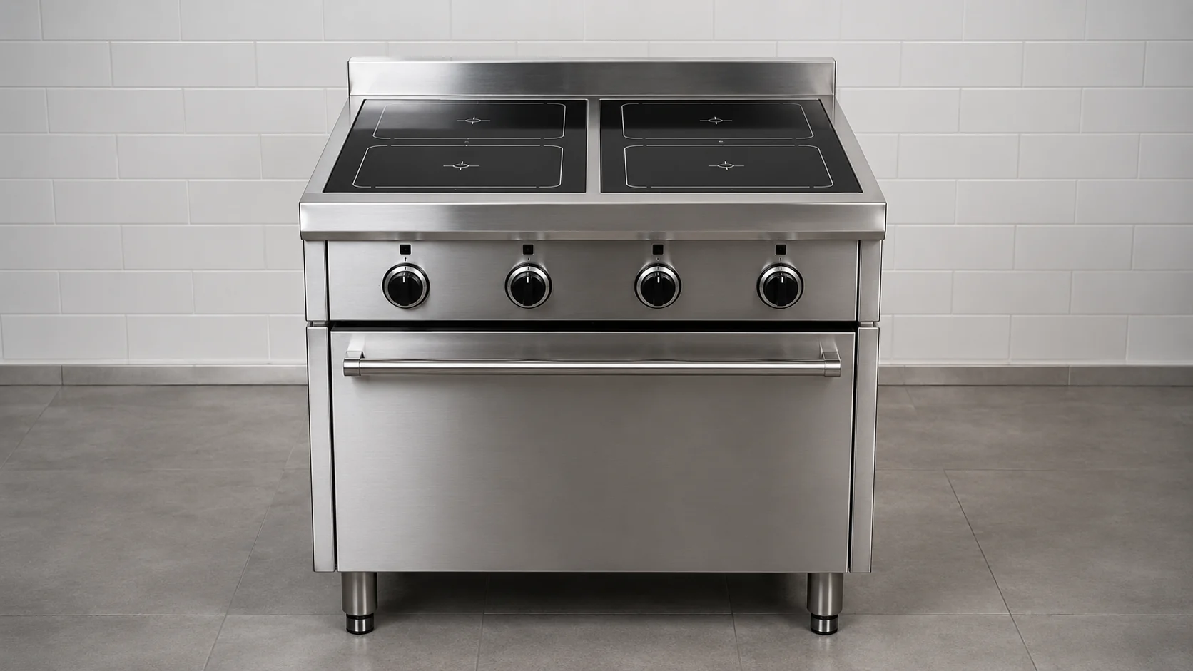 commercial induction cooking range with four induction zones