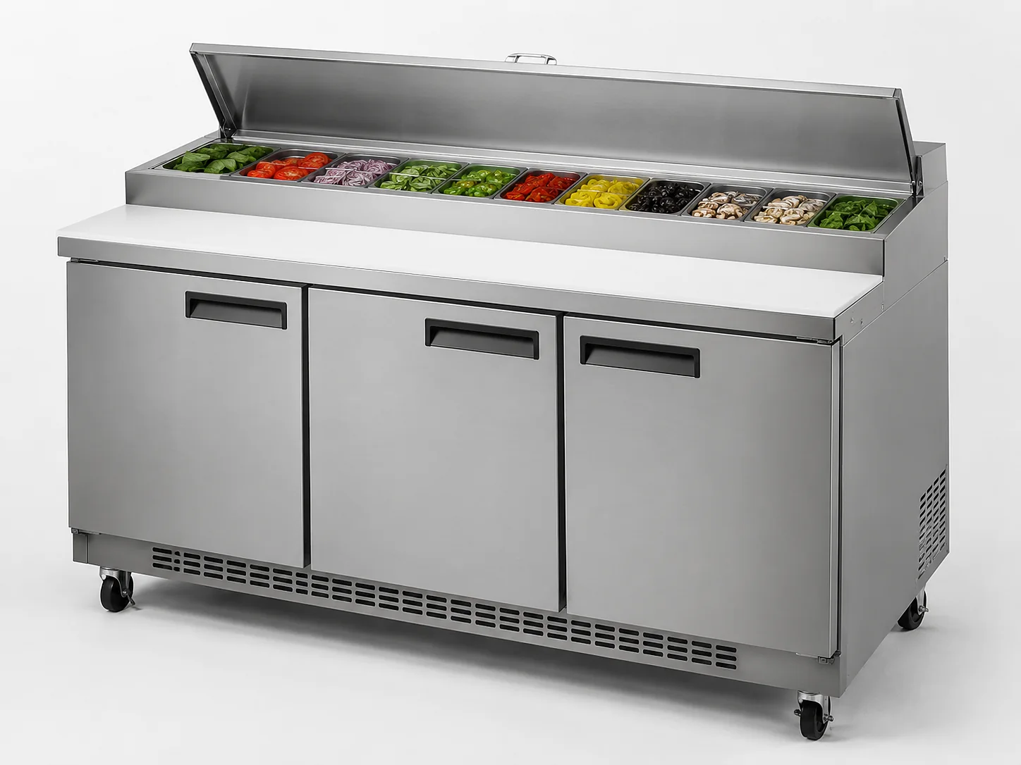 commercial mega top refrigerated sandwich prep counter with expanded ingredient pan capacity