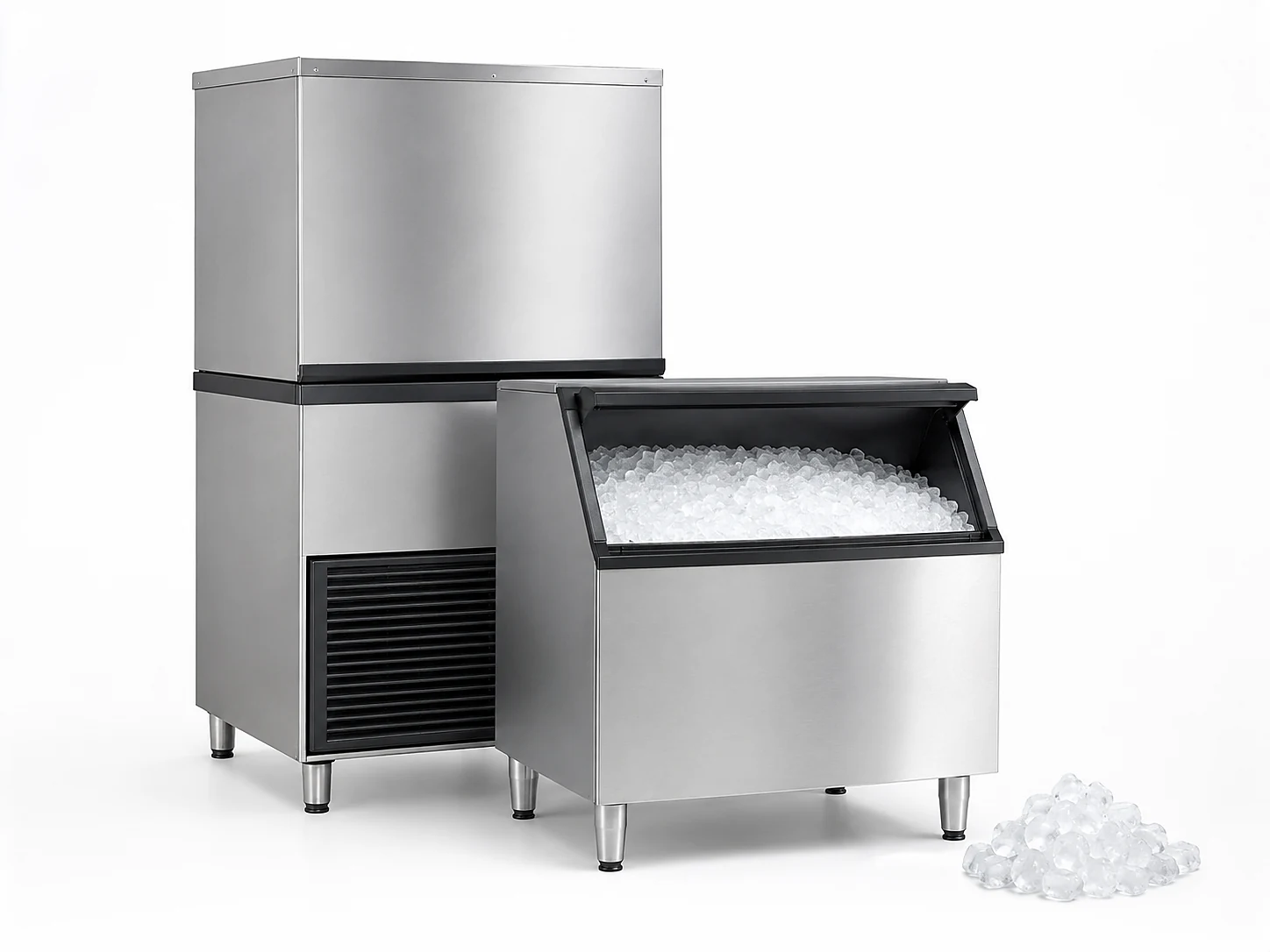 commercial nugget and cubelet ice machine with storage bin