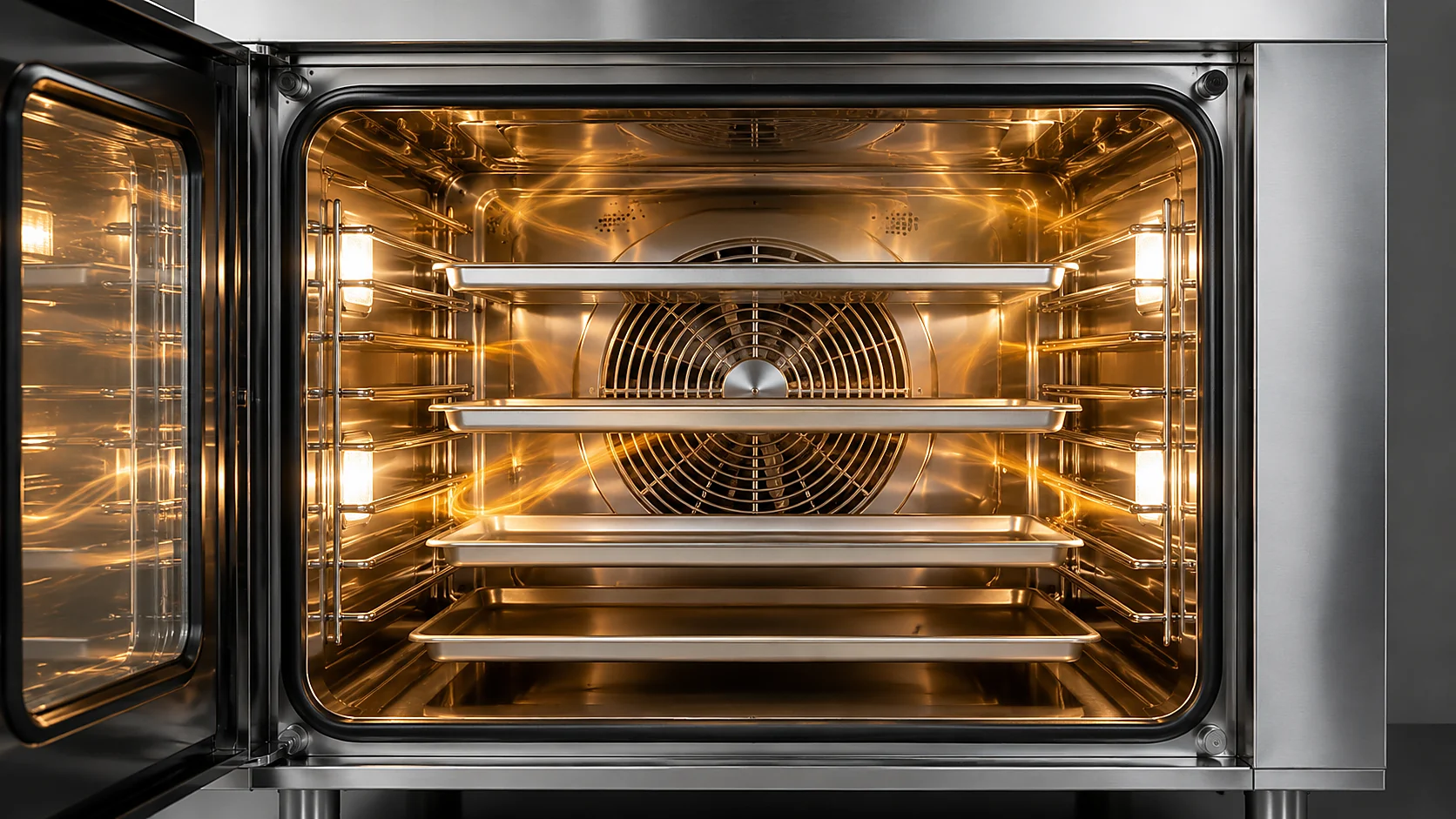 Commercial oven interior with baking trays and hot air circulation fan