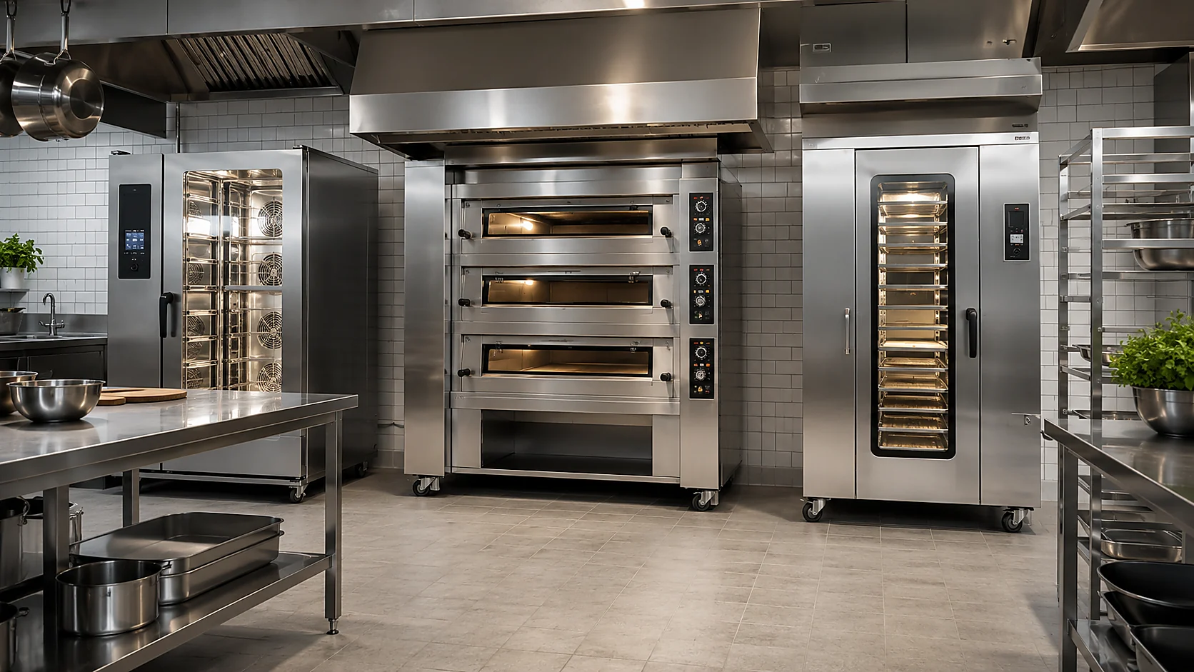 Commercial ovens installed in a modern professional kitchen