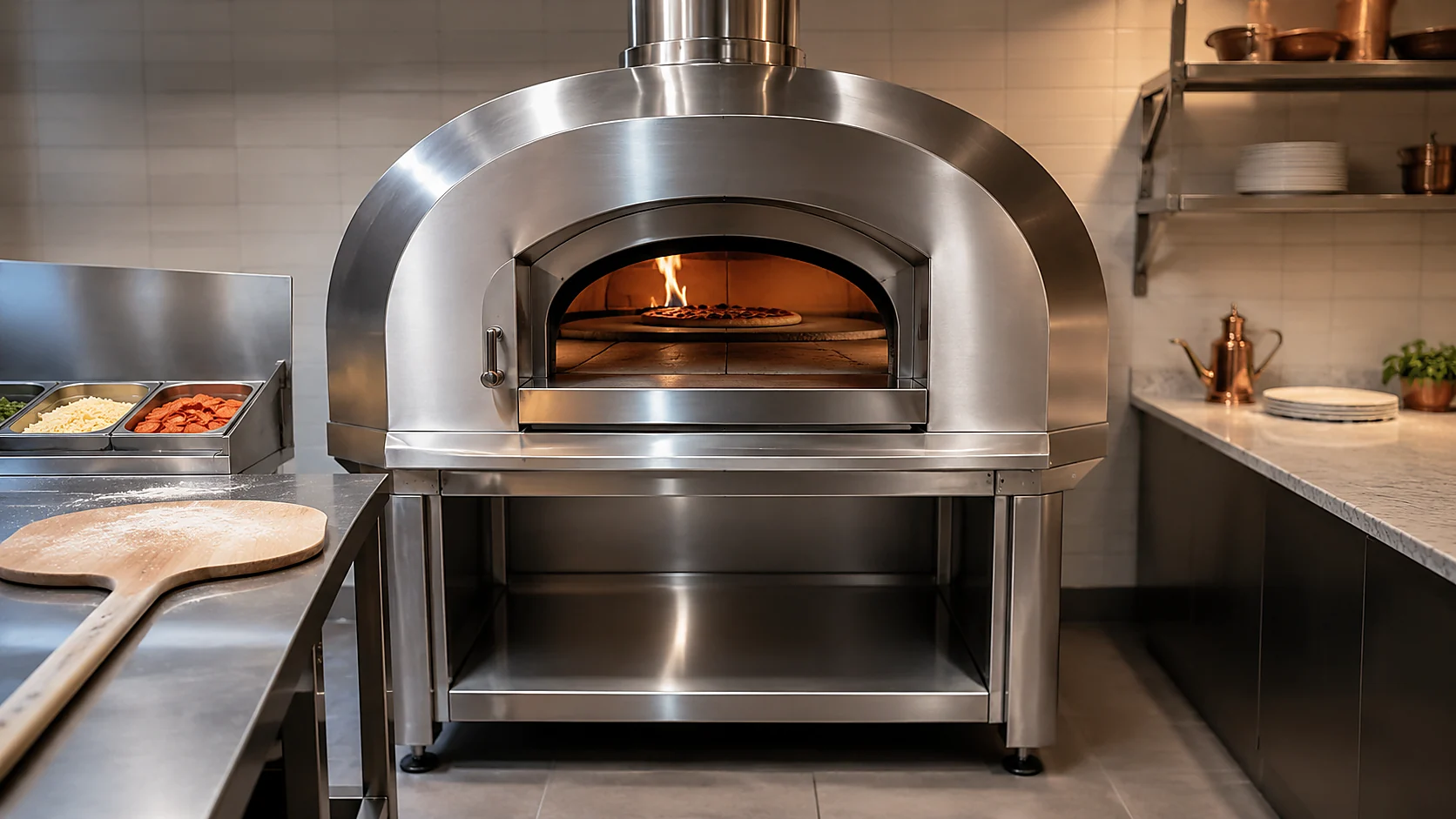 Commercial stainless steel pizza oven in a restaurant kitchen