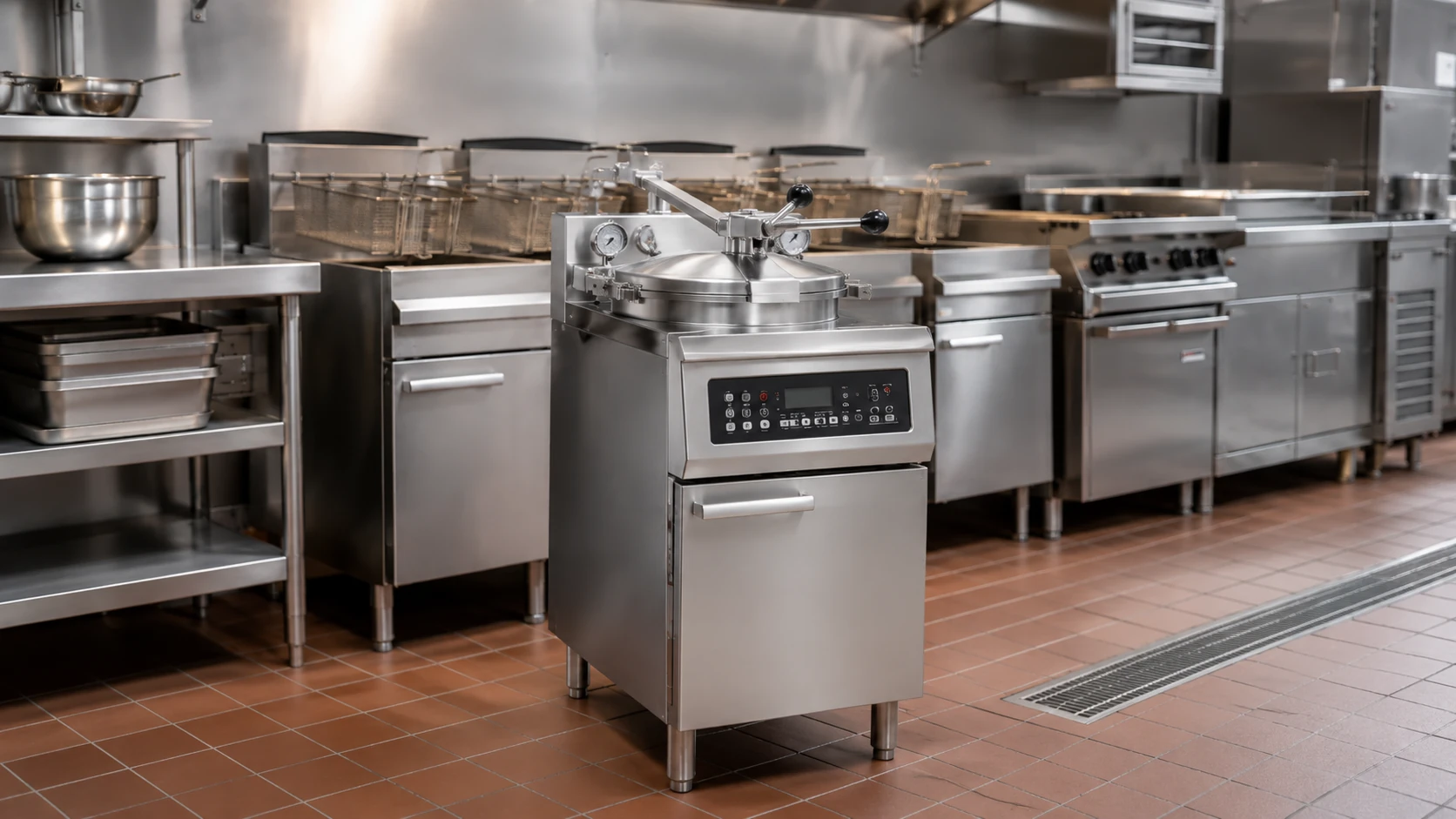 Commercial pressure fryer installed in a professional kitchen