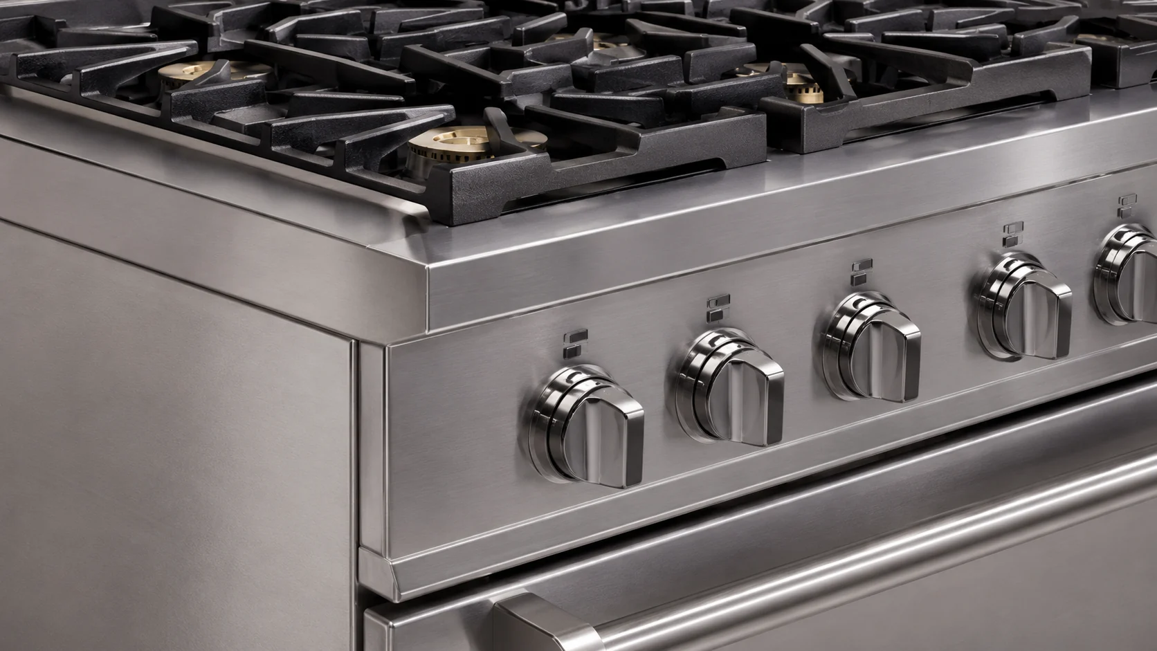 commercial cooking range burner grate control knob and stainless steel construction detail