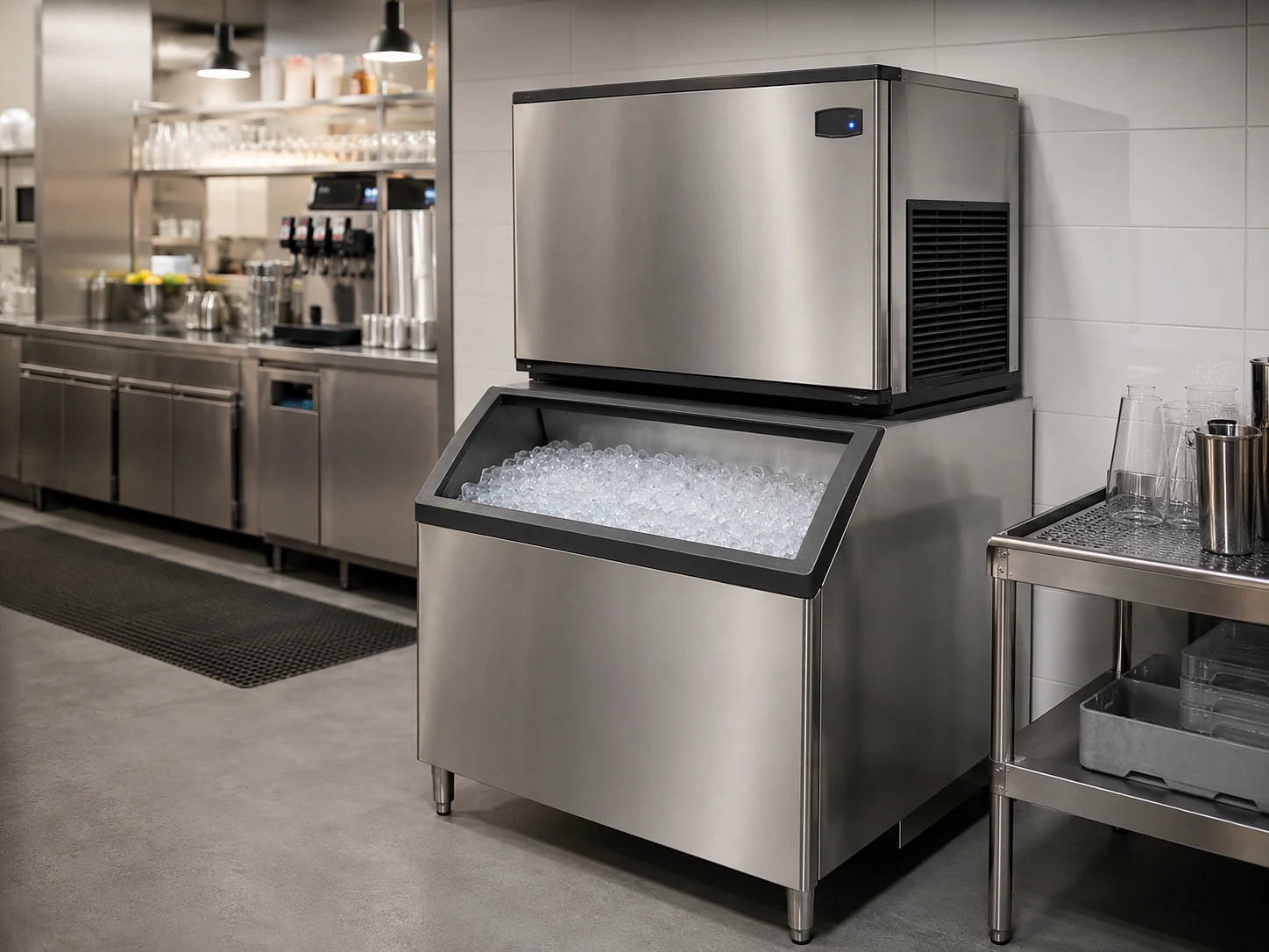 commercial ice machine and storage bin installed in a restaurant kitchen