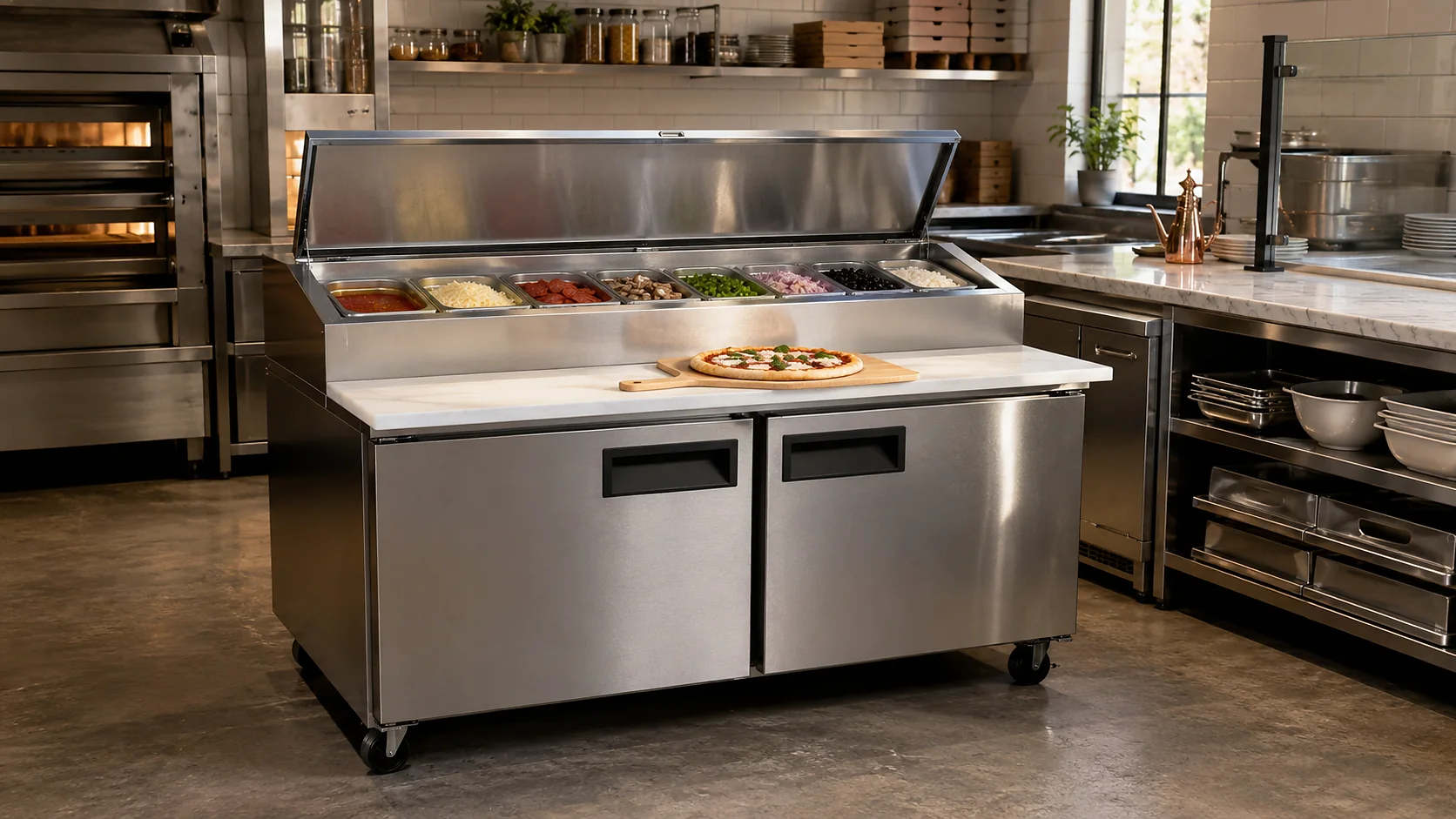commercial refrigerated prep table installed in a restaurant pizza preparation kitchen