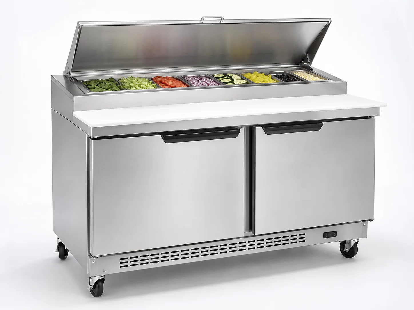 commercial sandwich and salad refrigerated prep table with ingredient pans and two solid doors