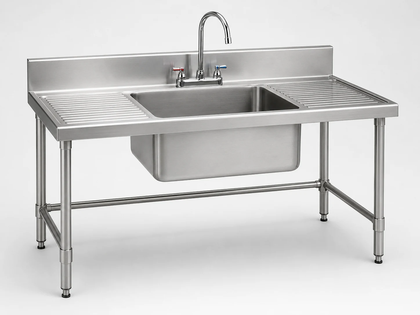 commercial stainless steel sink with left and right drainboards