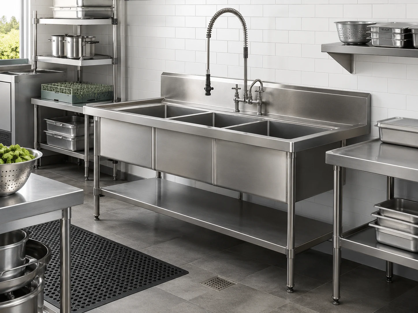 commercial stainless steel sinks in a modern commercial kitchen washing area
