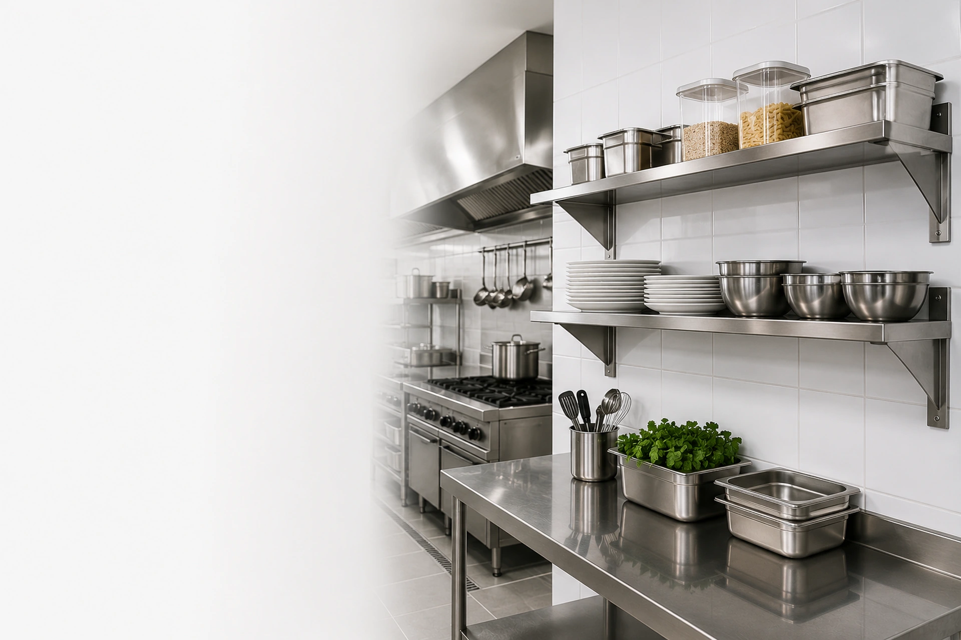 commercial stainless steel wall shelves in a modern professional kitchen