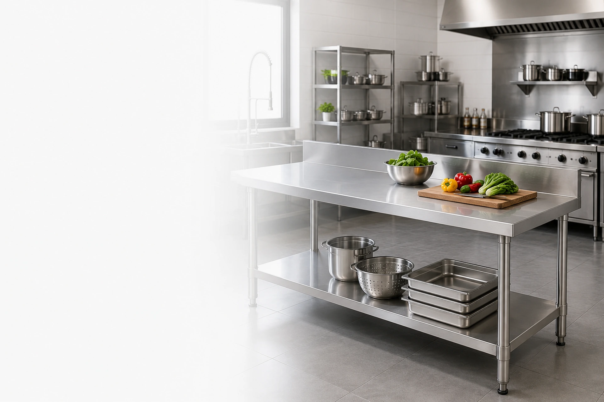 commercial stainless steel work table in a modern professional kitchen