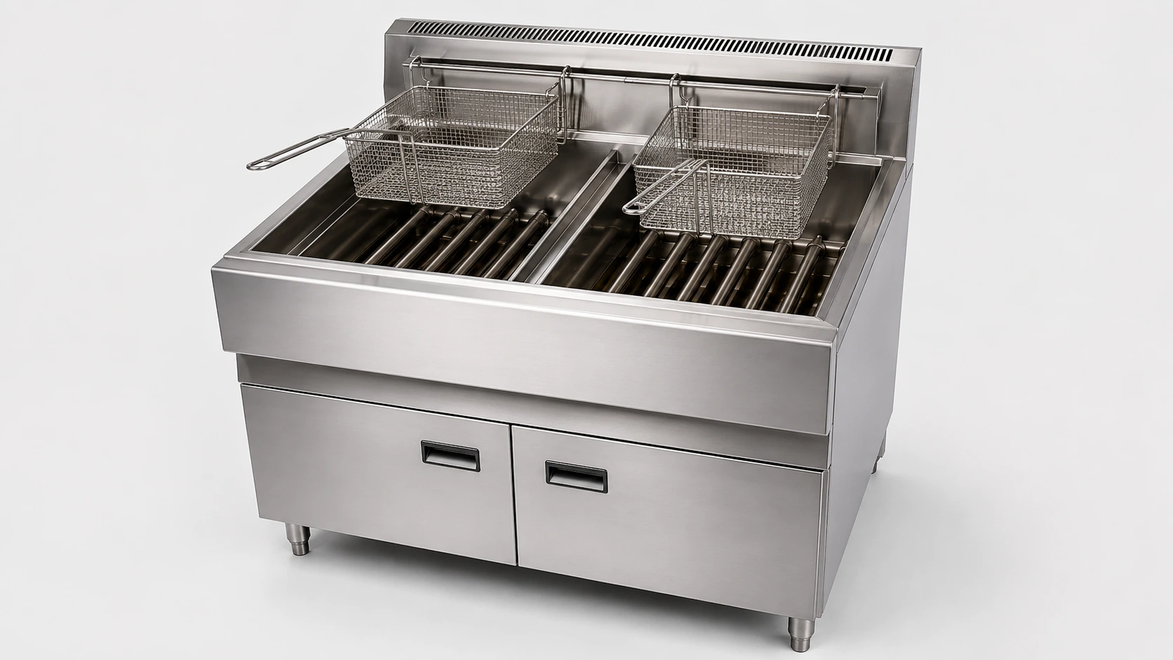 Commercial tube-type fryer with visible heat-transfer tubes in the tank