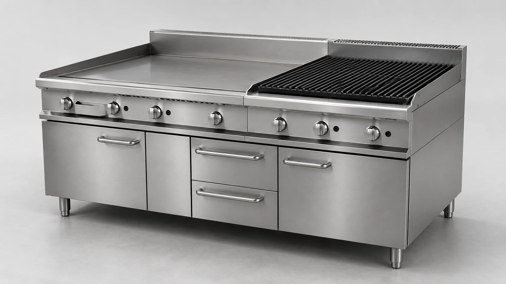 heavy duty floor standing commercial griddle and charbroiler combination unit