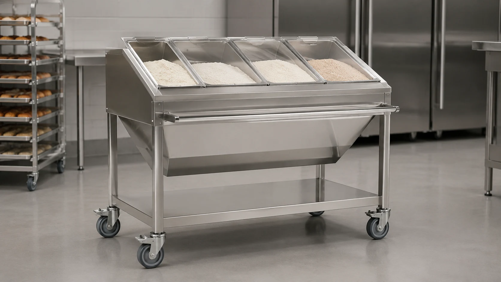 mobile stainless steel ingredient bin trolley