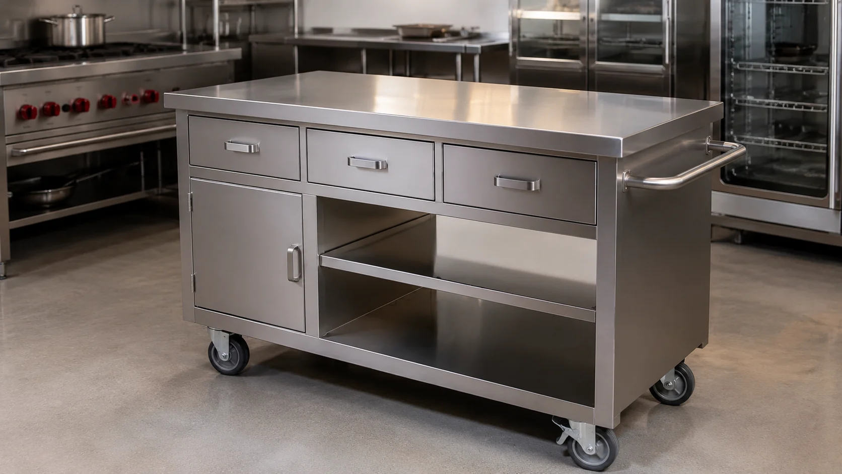 mobile custom stainless steel kitchen workstation with drawers