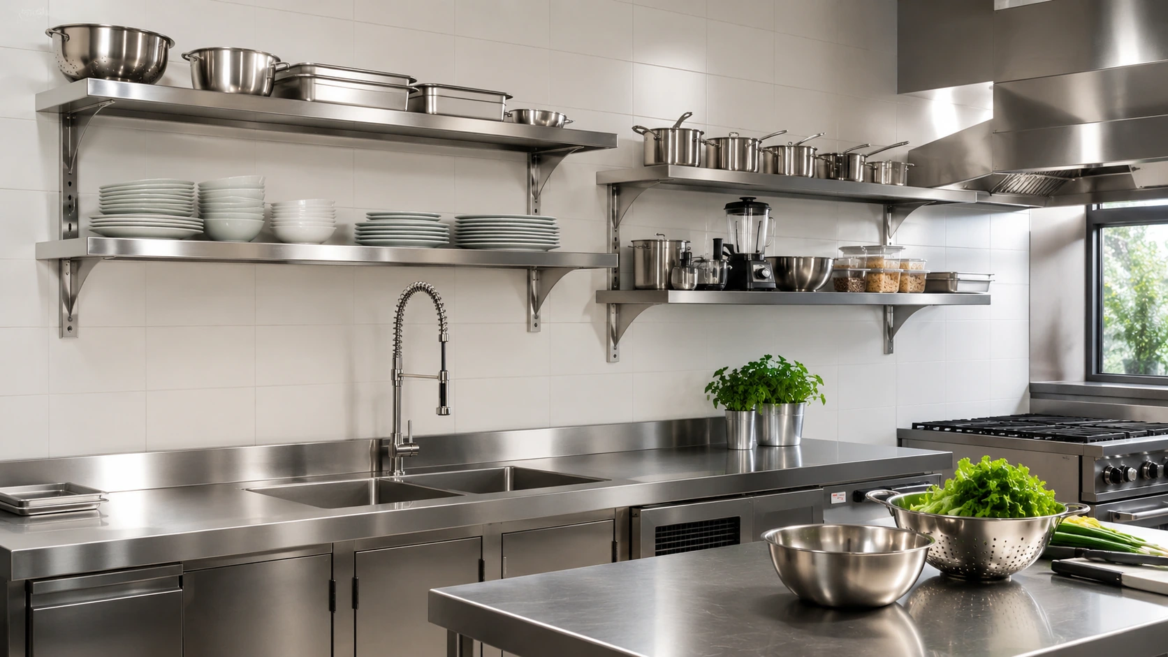 Modern commercial kitchen interior with stainless steel work tables and shelves