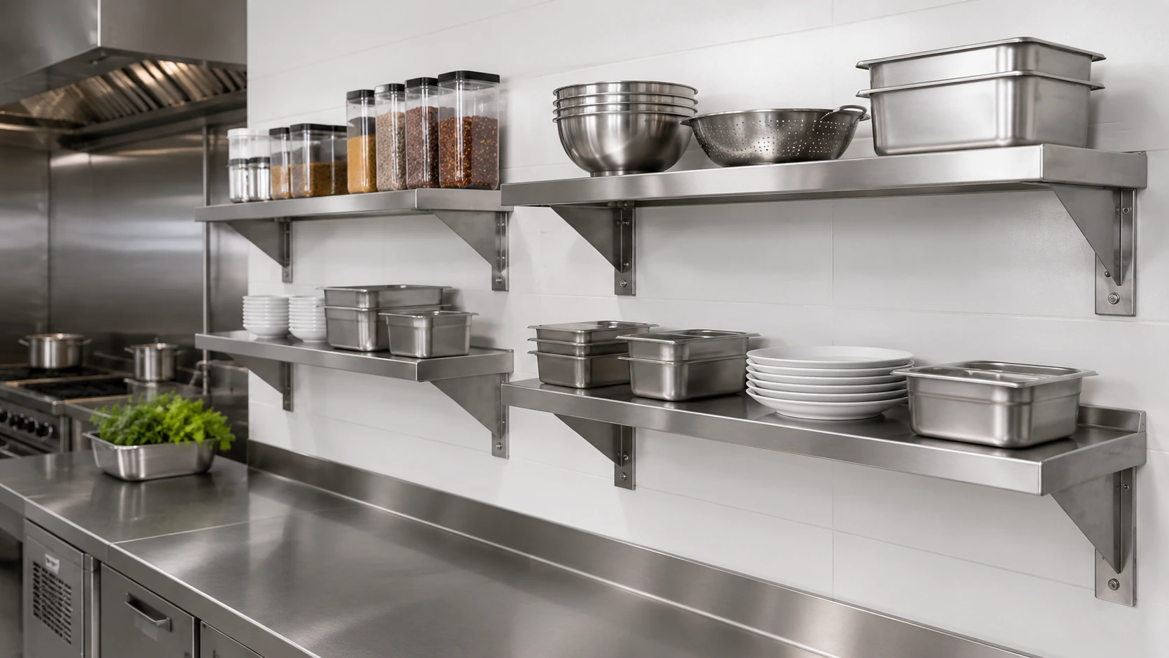 Commercial stainless steel wall shelves and kitchen storage layout