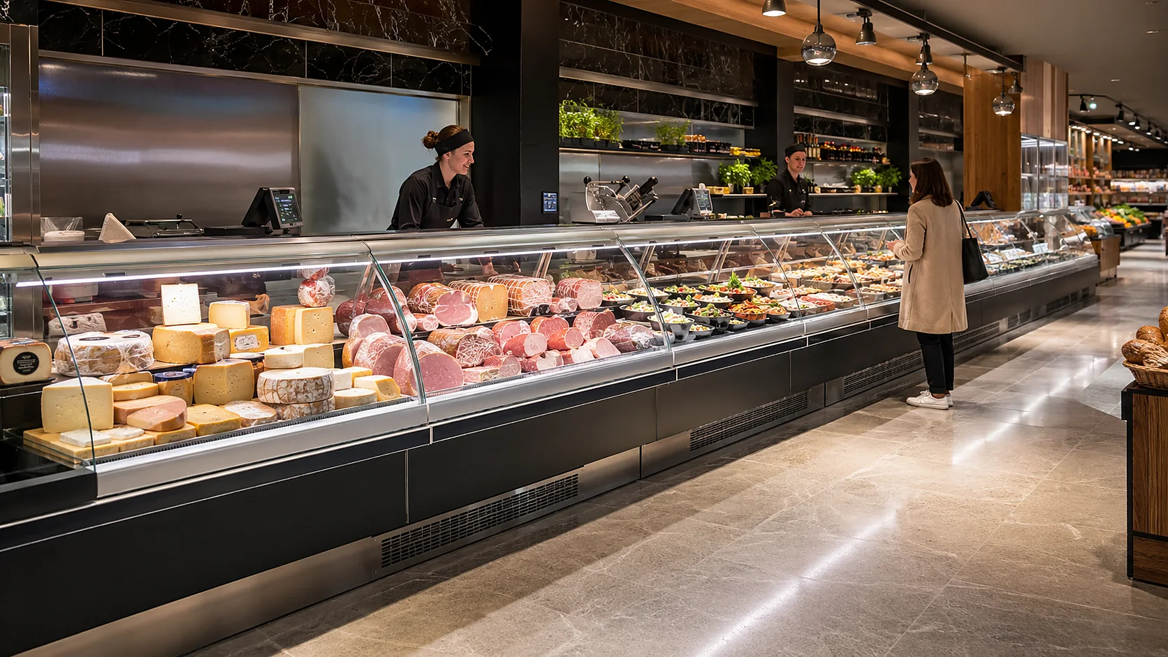 modern supermarket commercial deli display case and refrigerated serve-over counter installation