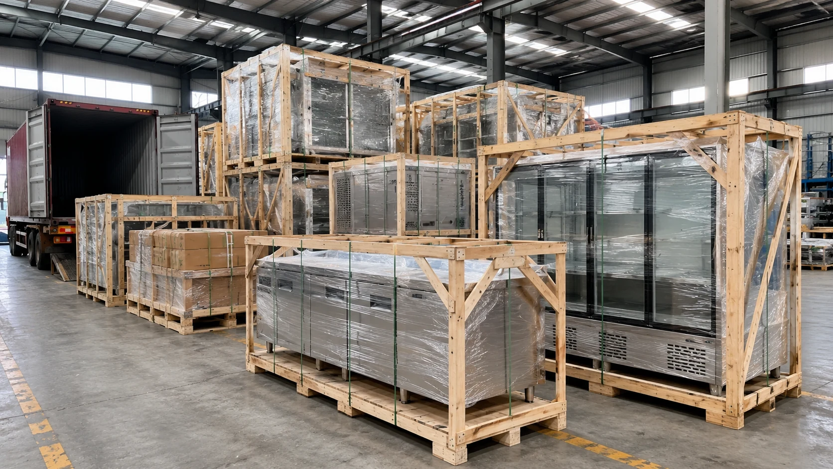 custom commercial kitchen and refrigeration equipment with wooden frame packaging