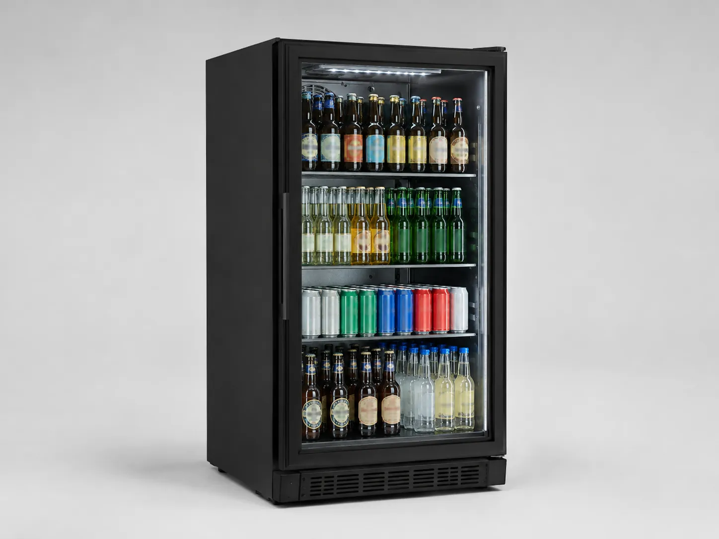 low height single door back bar refrigerator with glass door and bottom ventilation grille
