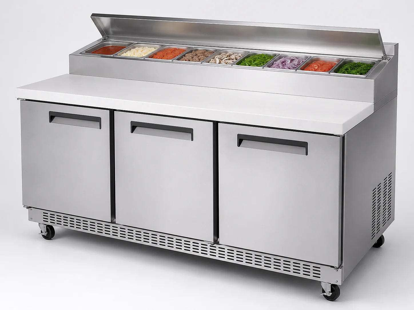 stainless steel commercial pizza prep table refrigerator with deep preparation board and long ingredient rail