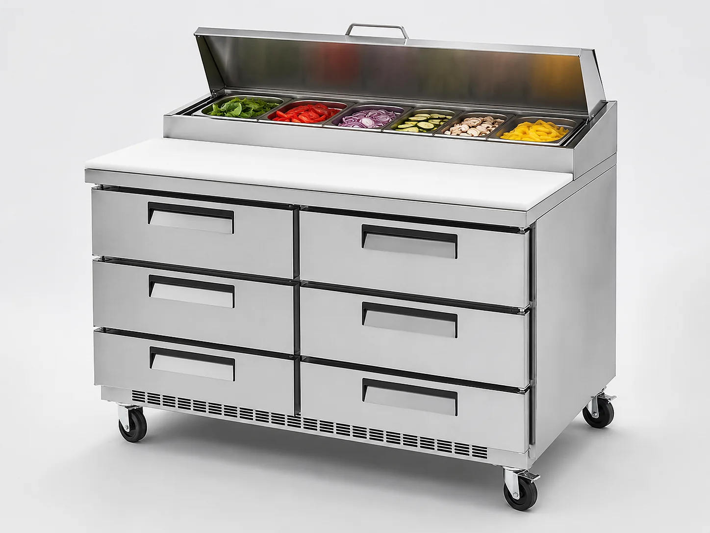 stainless steel drawer refrigerated food prep table with multiple pull out refrigerated drawers