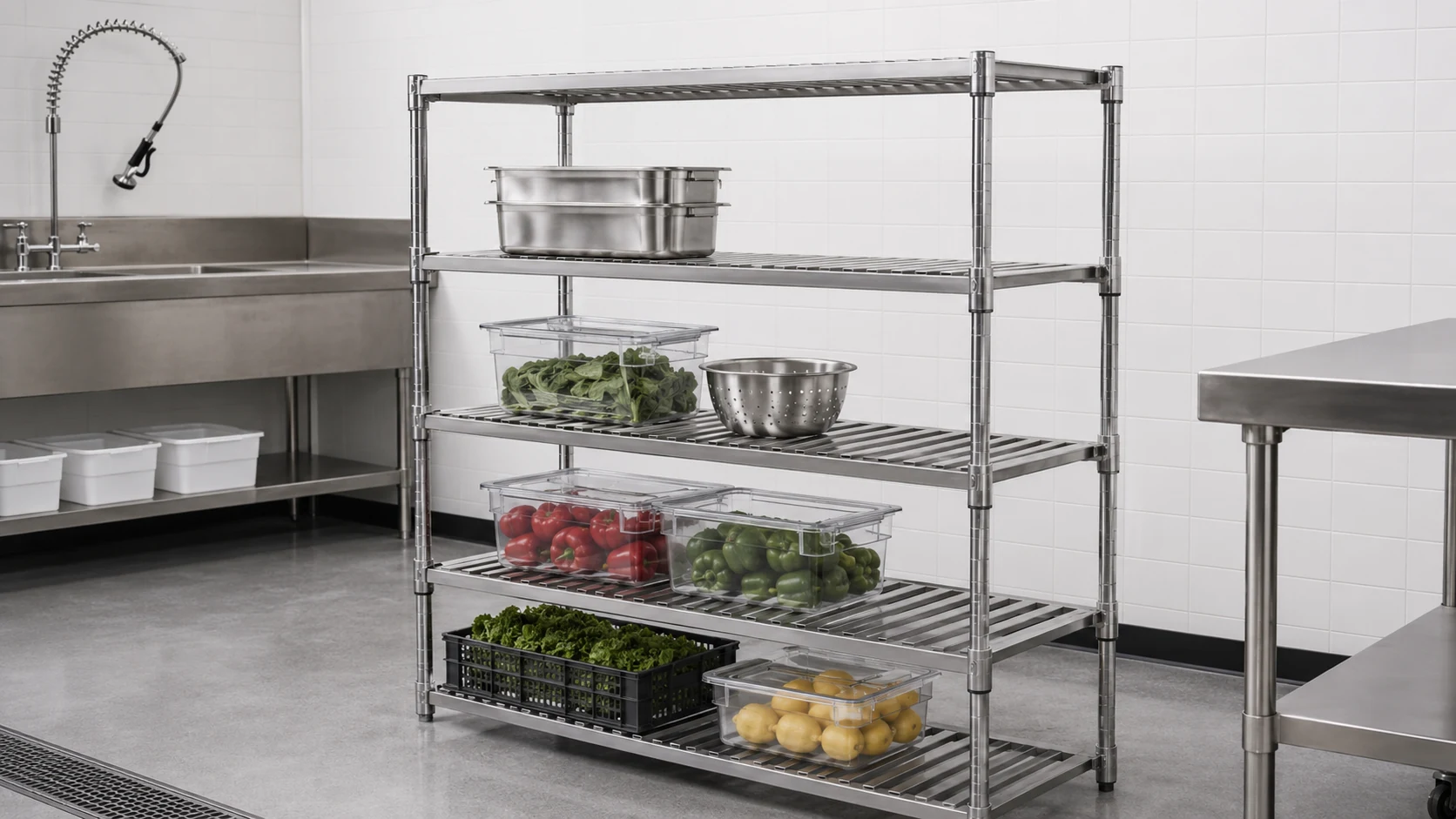 stainless steel slatted shelving rack for wet commercial kitchen areas