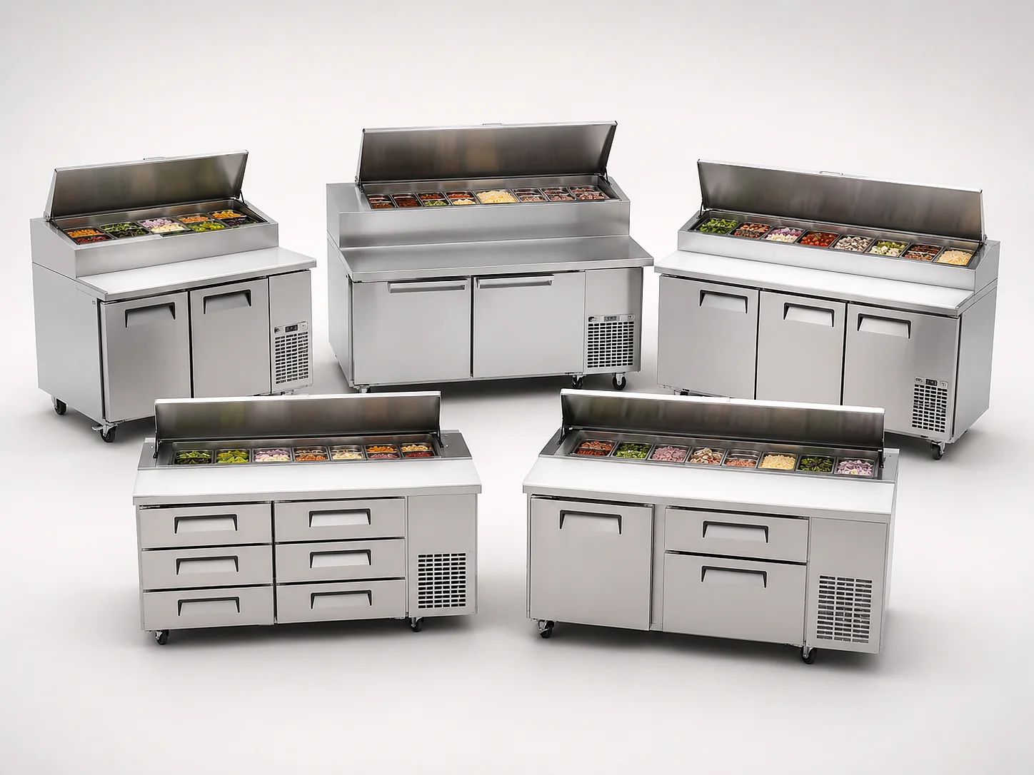 stainless steel refrigerated food prep table product series for sandwich pizza and salad preparation