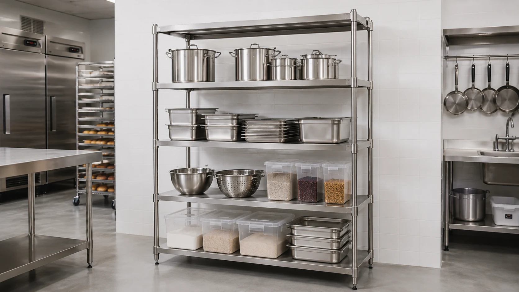 stainless steel solid shelving rack for commercial kitchen containers and tools