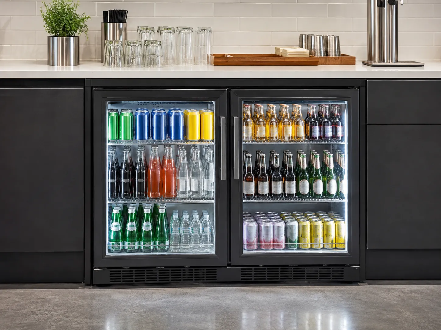 undercounter beverage cooler installed below a commercial bar worktop