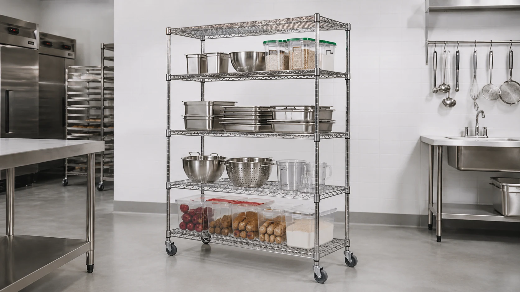 mobile stainless steel storage rack with casters for central kitchen workflow