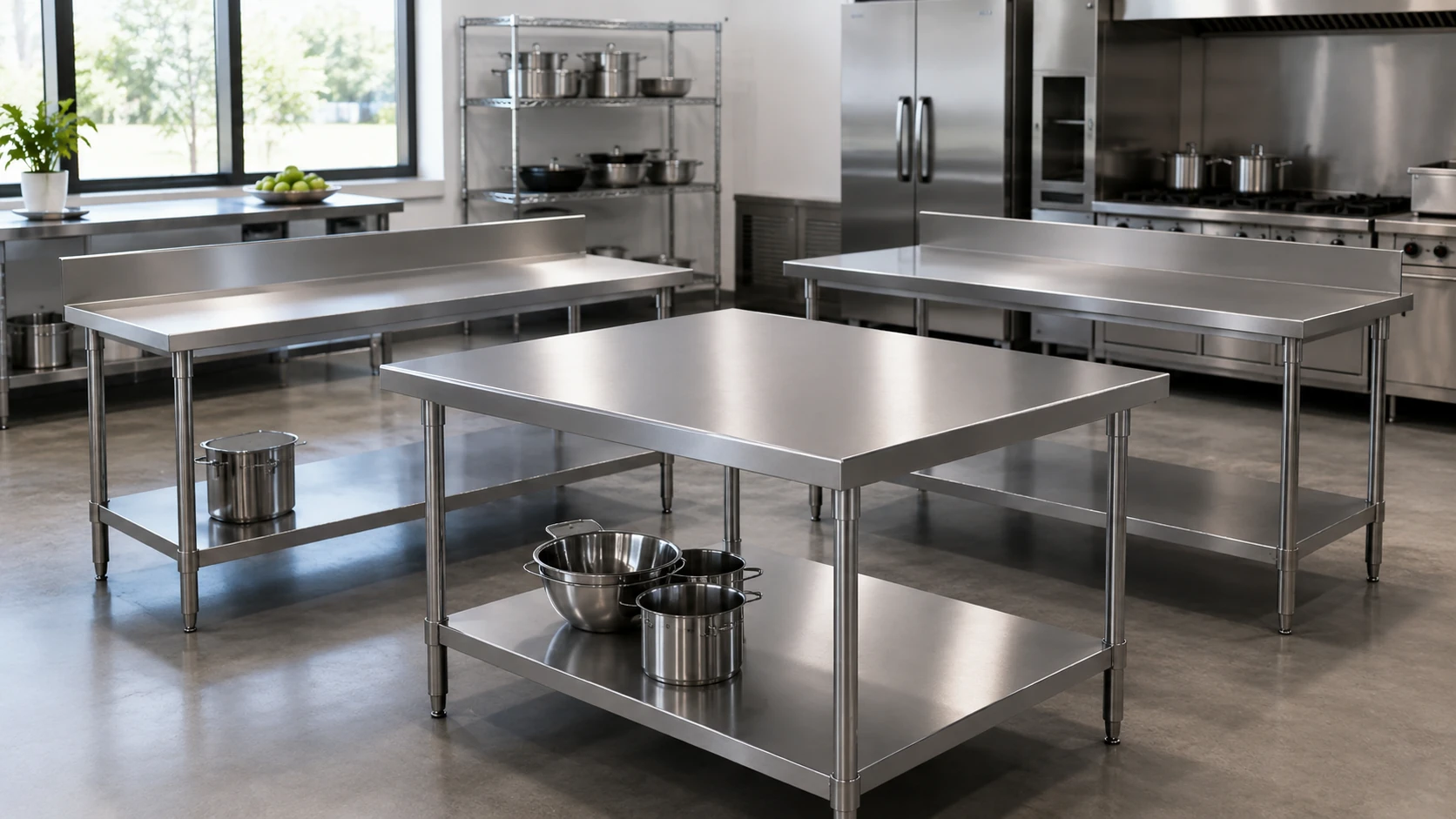Commercial stainless steel work tables with undershelf for food preparation