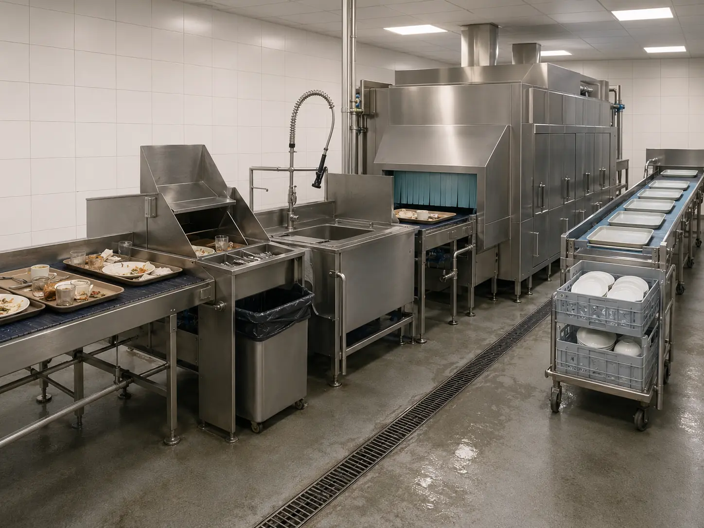 canteen conveyor dishwashing and tray return system
