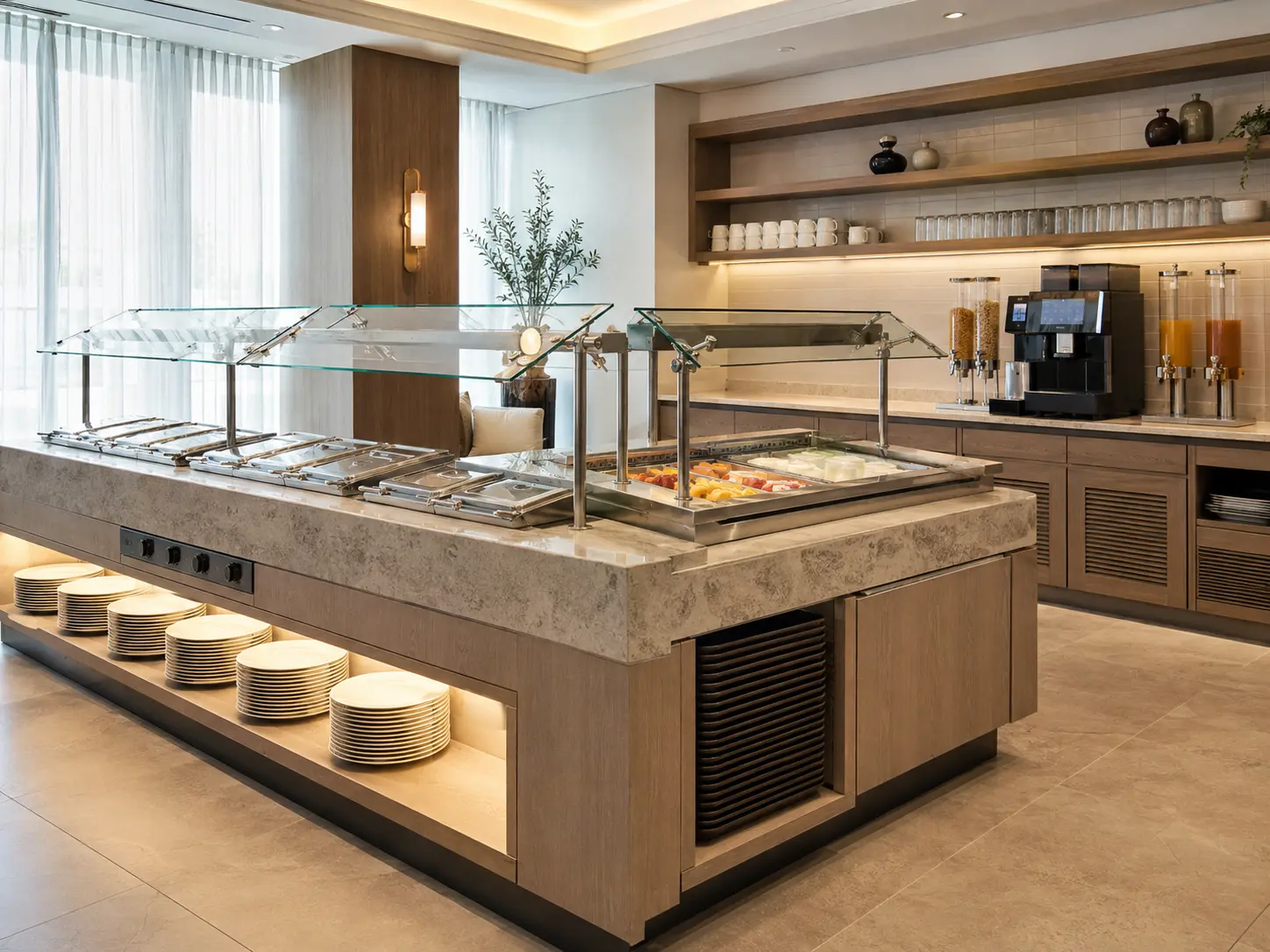 hotel breakfast buffet and serving counter equipment