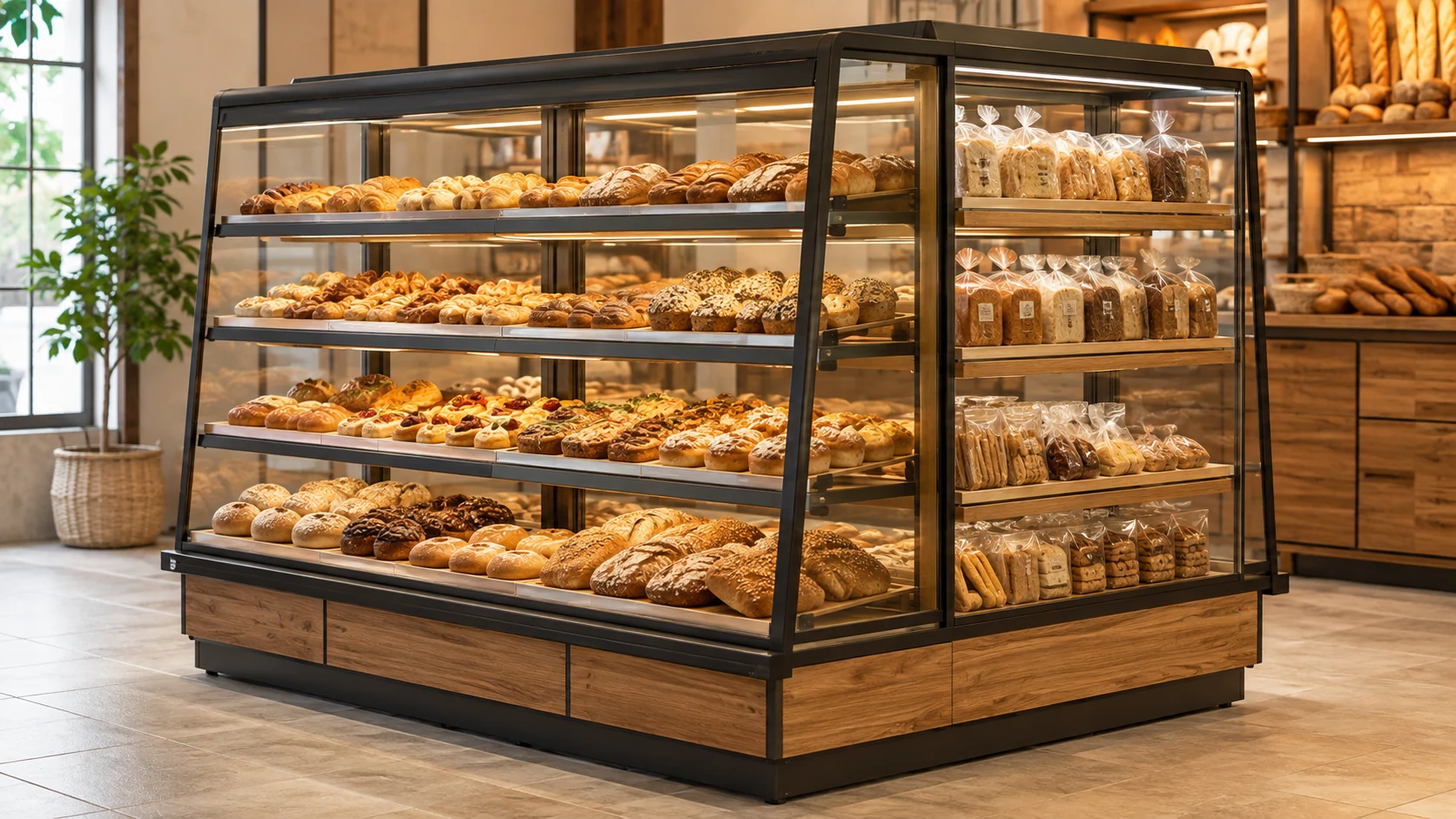 ambient bakery display cabinet with multiple bread and pastry shelves
